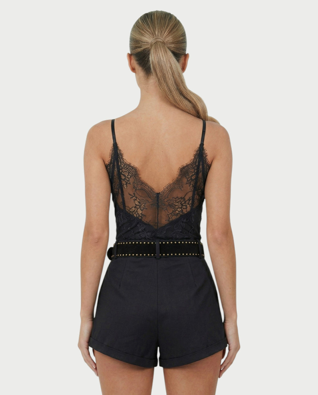 PERLINA High-Rise Gold Stud Belt Shorts