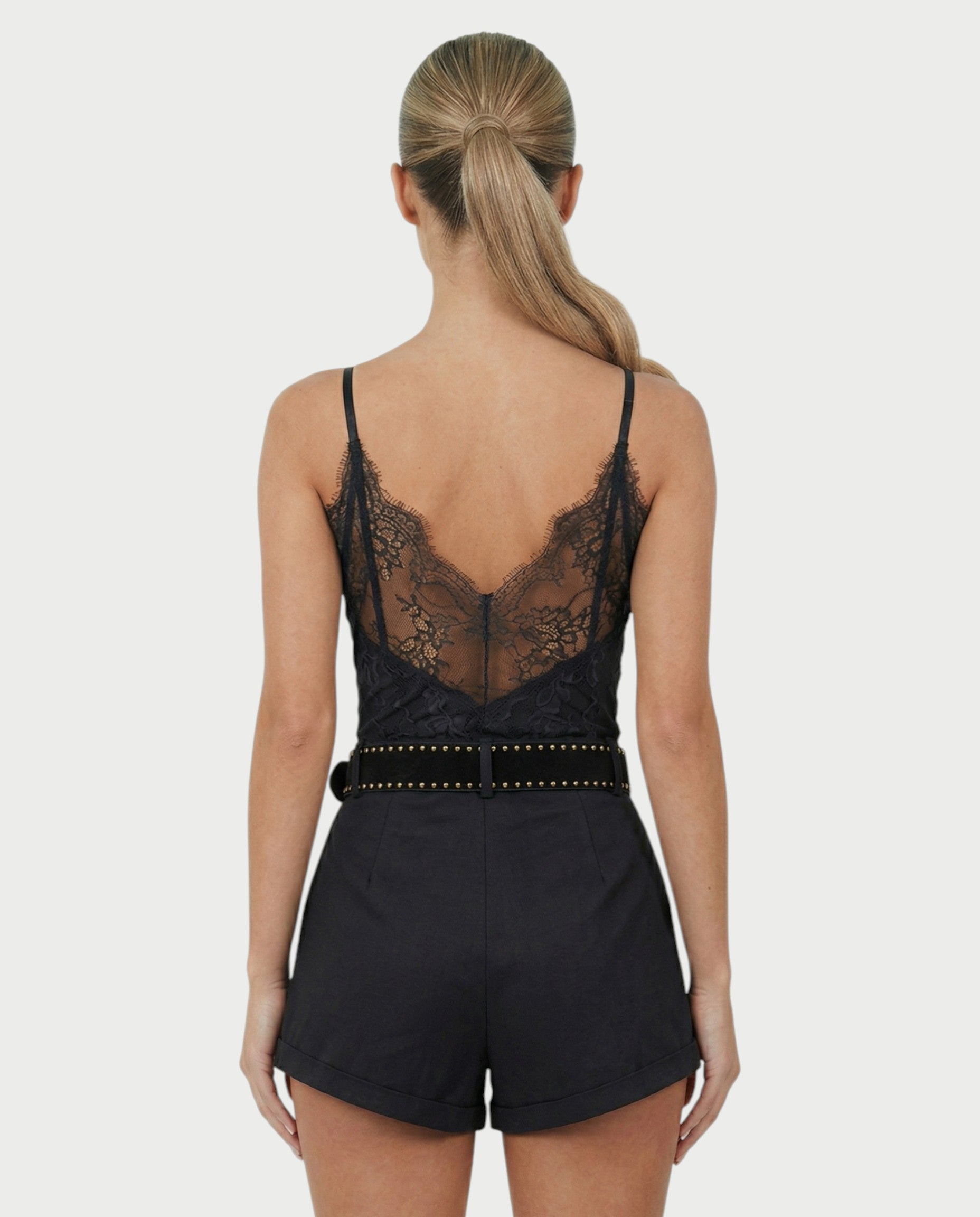 PERLINA High-Rise Gold Stud Belt Shorts