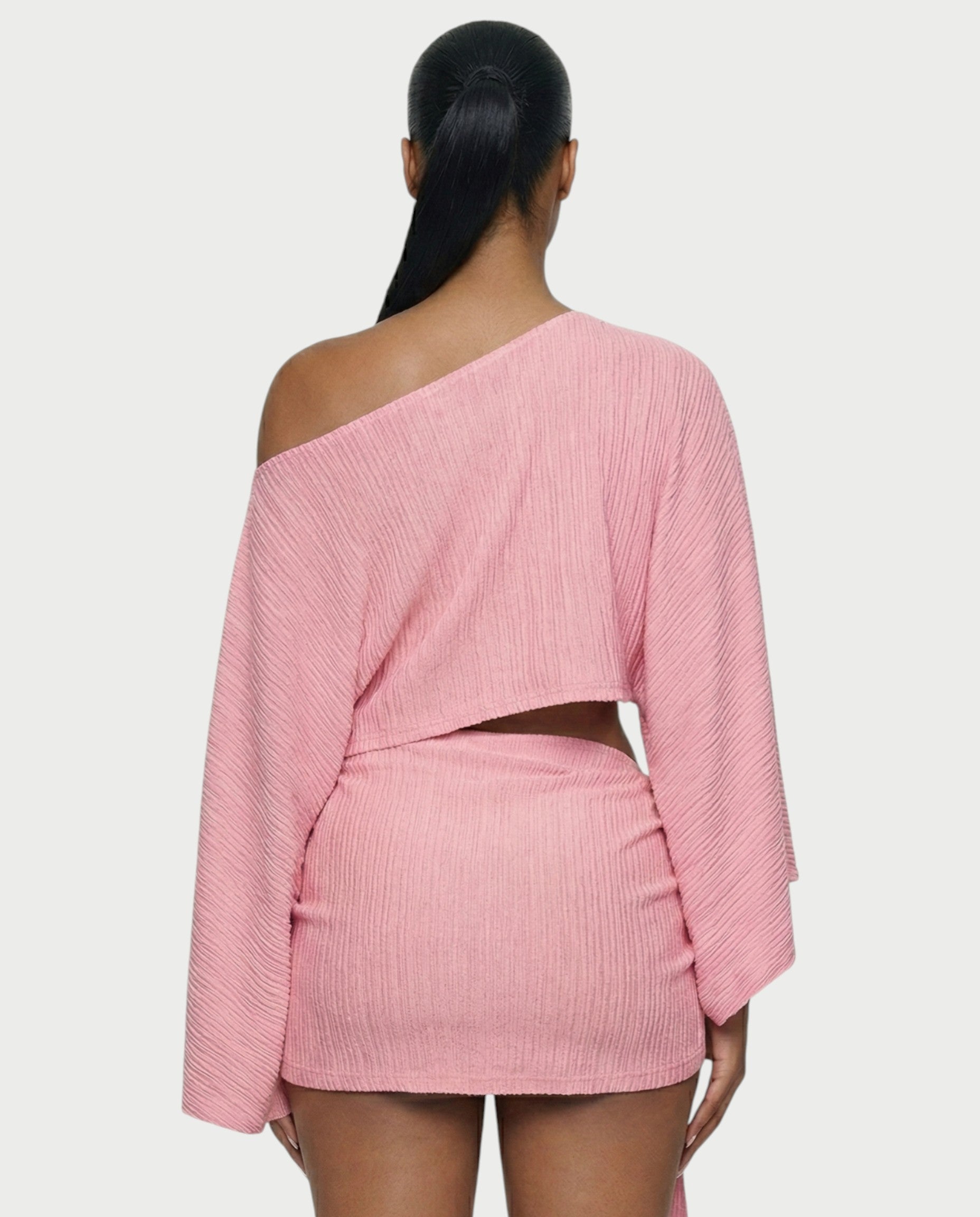 SAYUNA One-Shoulder Top & Tie-Front Mini Skirt Set