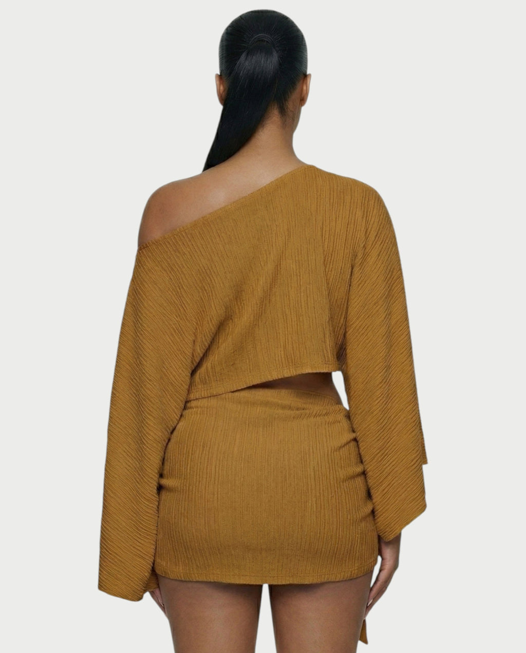 SAYUNA One-Shoulder Top & Tie-Front Mini Skirt Set