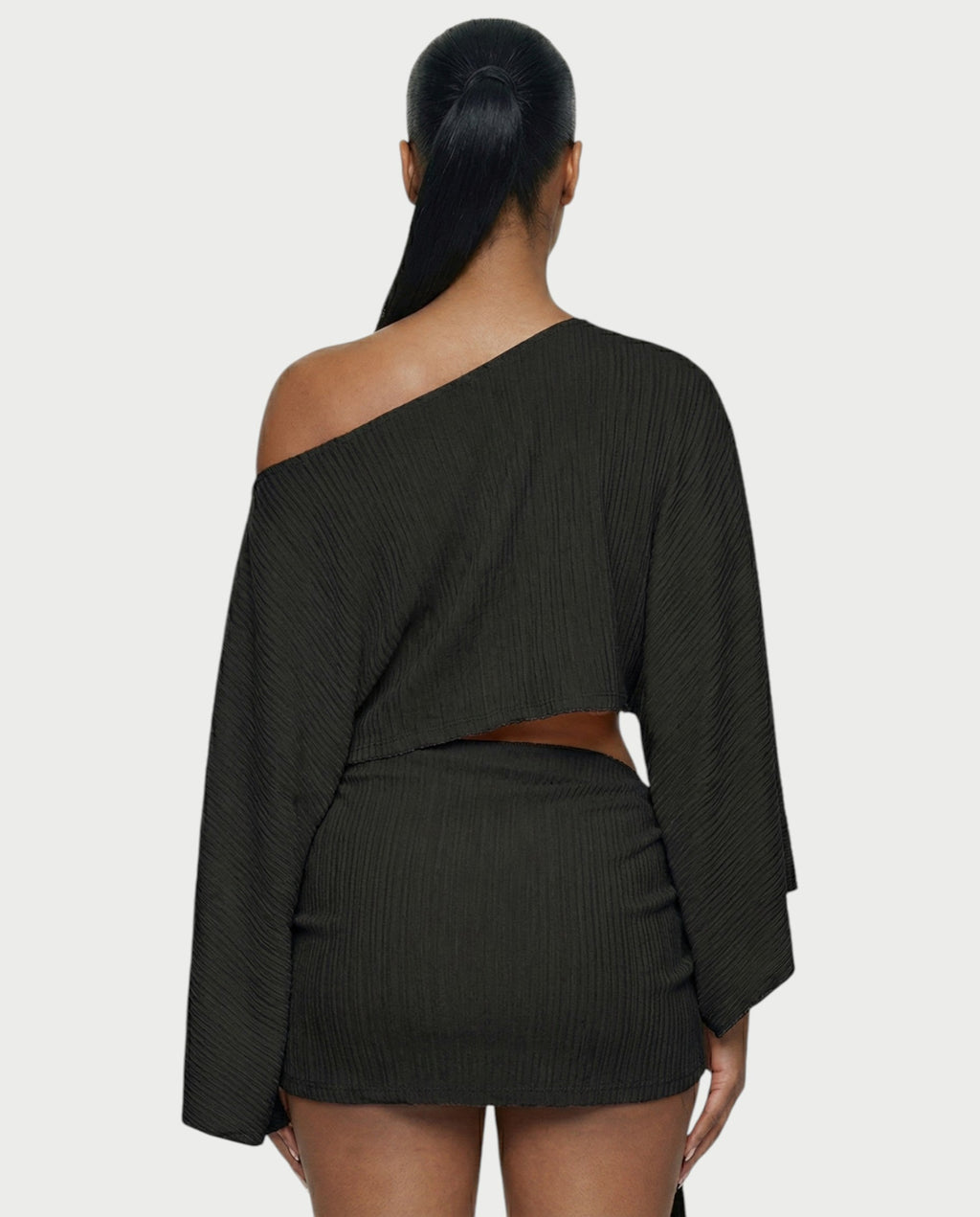 SAYUNA One-Shoulder Top & Tie-Front Mini Skirt Set