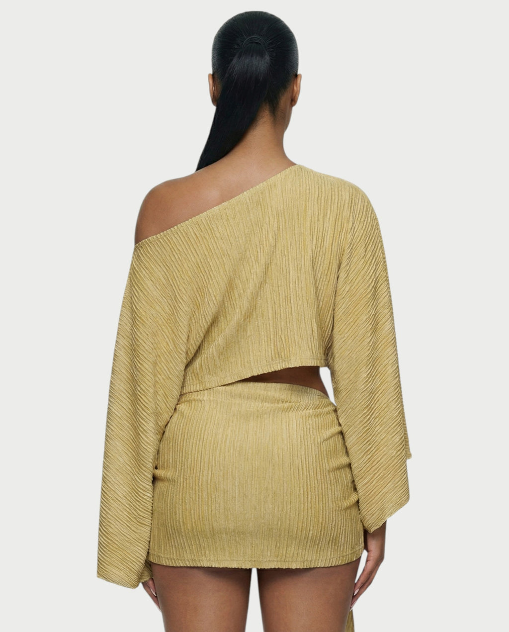 SAYUNA One-Shoulder Top & Tie-Front Mini Skirt Set