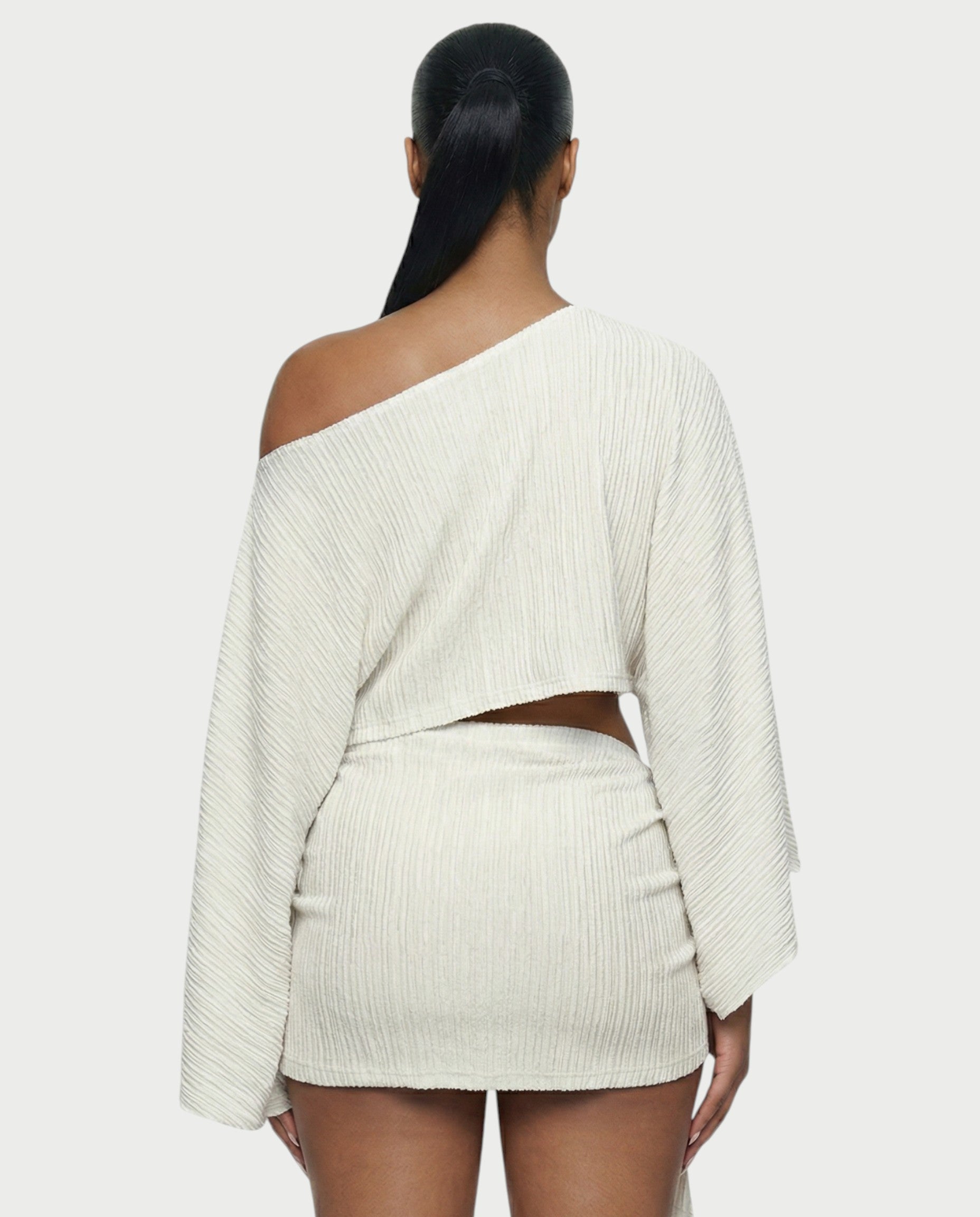 SAYUNA One-Shoulder Top & Tie-Front Mini Skirt Set