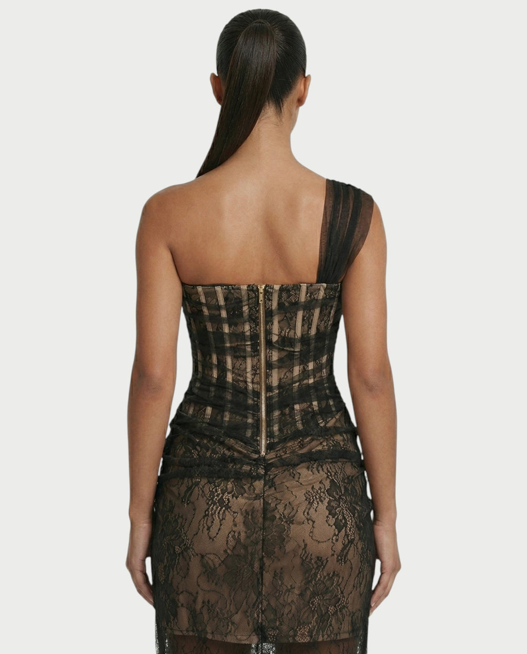 MARIBETH Sheer Lace Corset One-Shoulder Maxi Dress