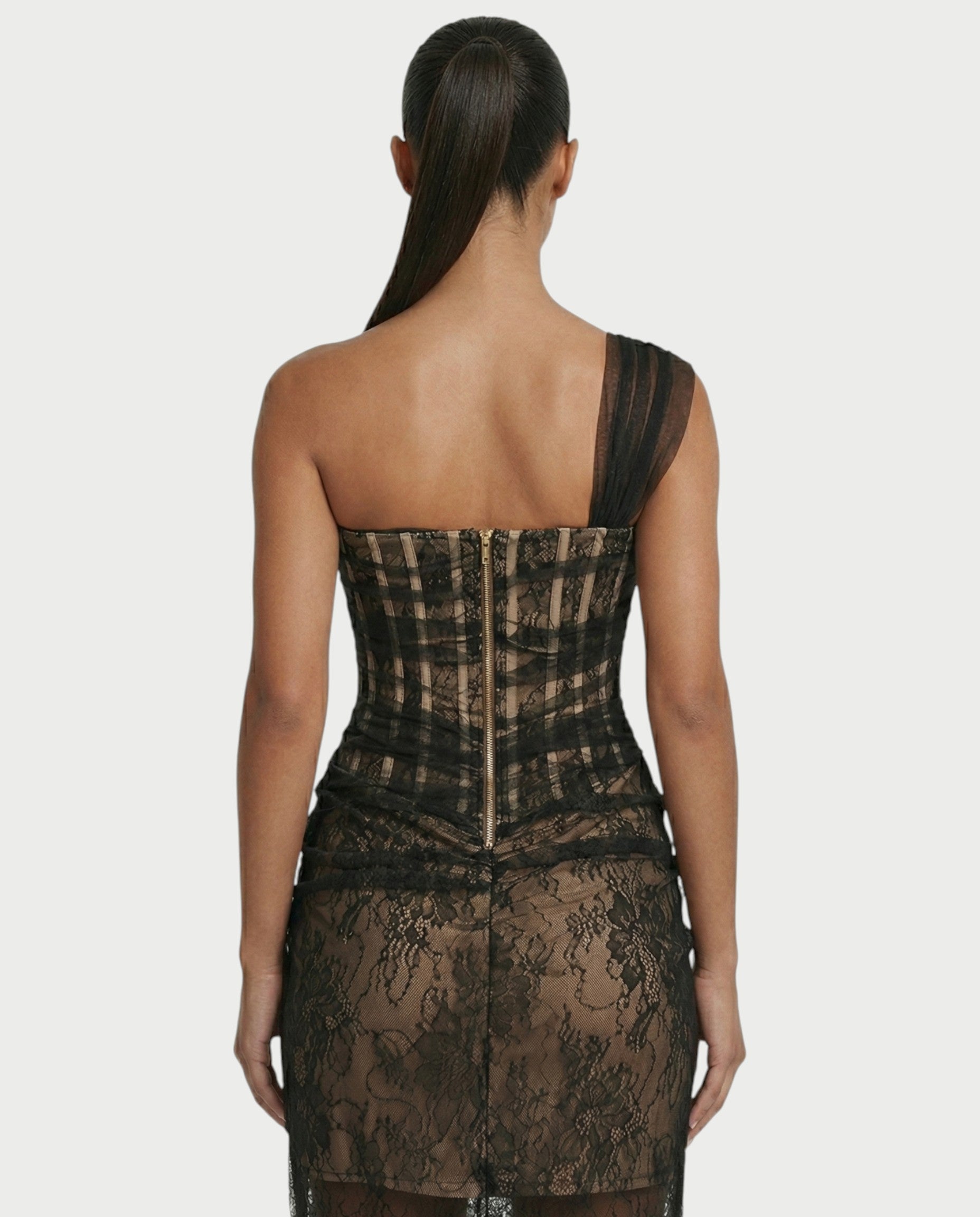 MARIBETH Sheer Lace Corset One-Shoulder Maxi Dress