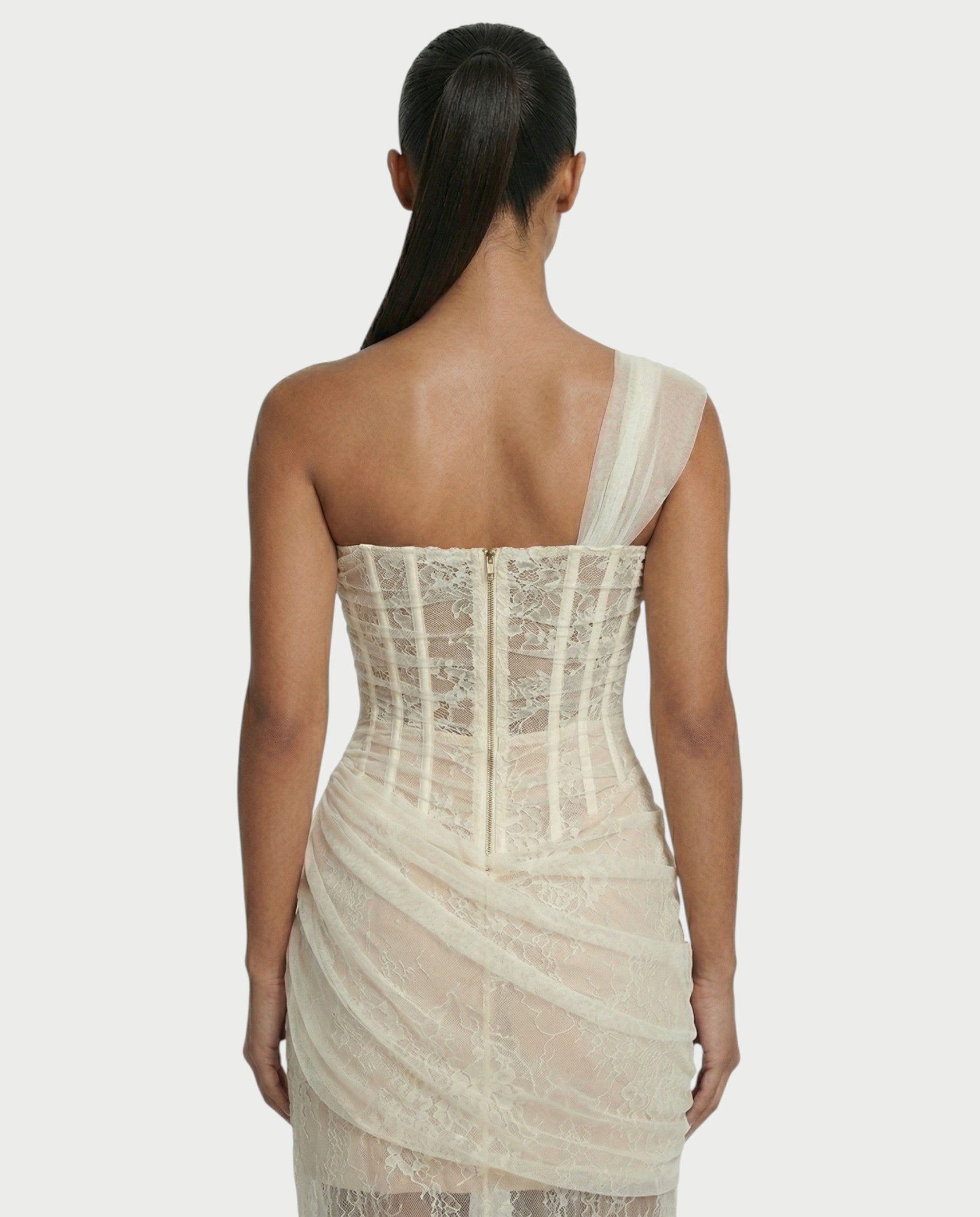 MARIBETH Sheer Lace Corset One-Shoulder Maxi Dress