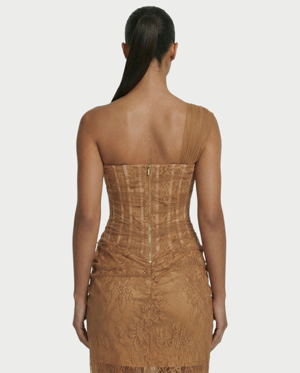 MARIBETH Sheer Lace Corset One-Shoulder Maxi Dress