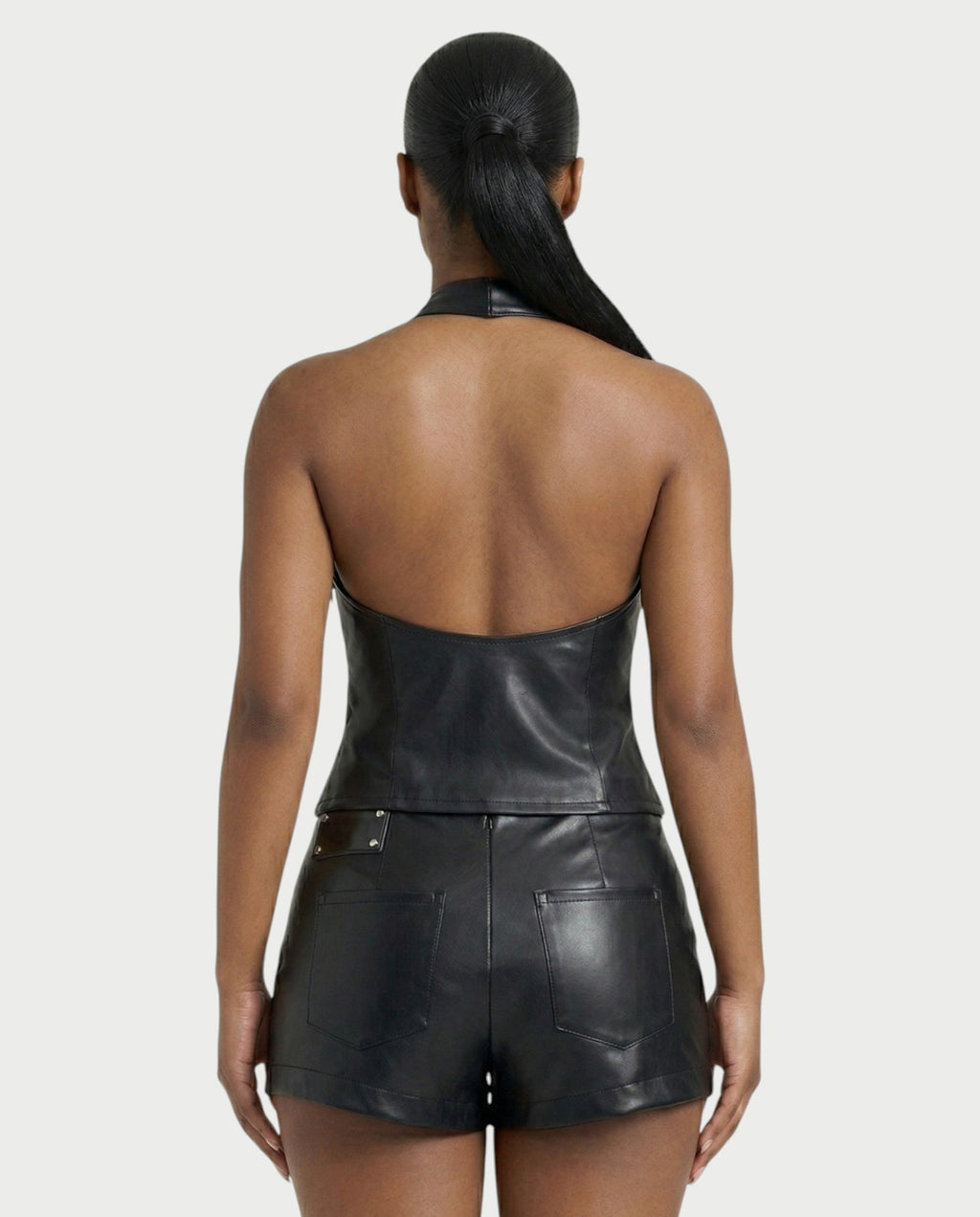 SERIL Faux Leather Halter Top & Mini Skort Set