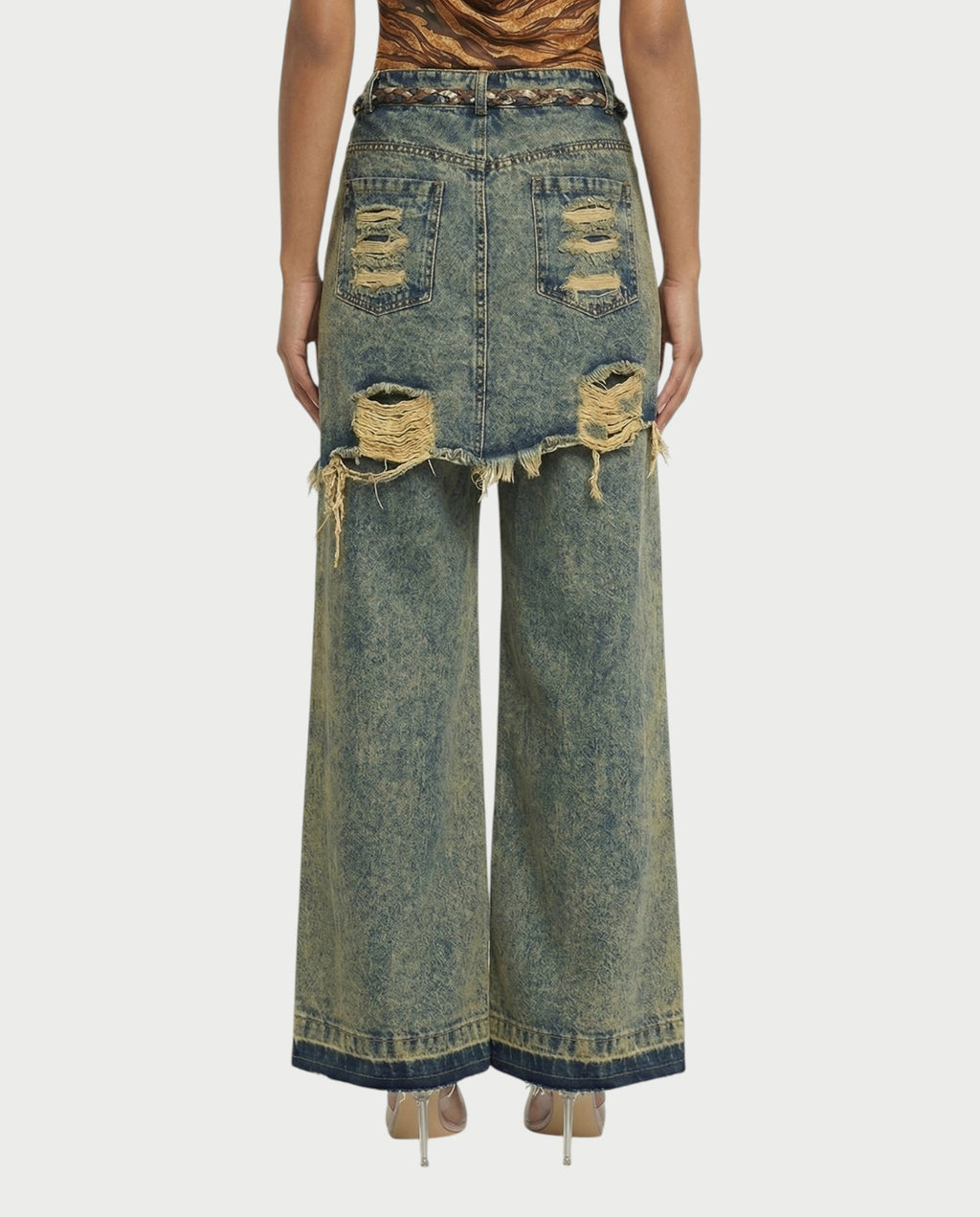 LOMINA Braided Layered Ripped Denim Pants
