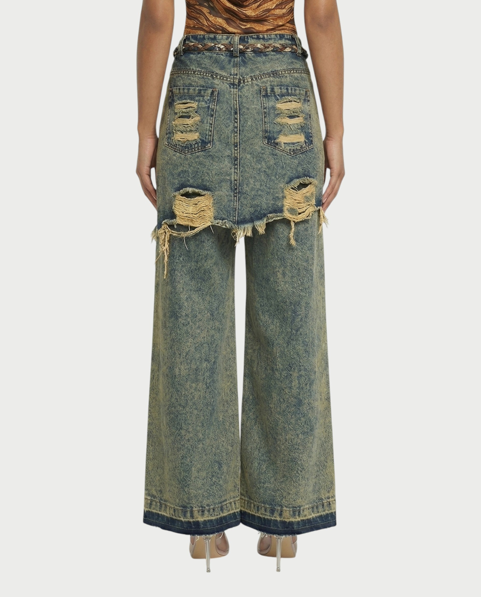 LOMINA Braided Layered Ripped Denim Pants