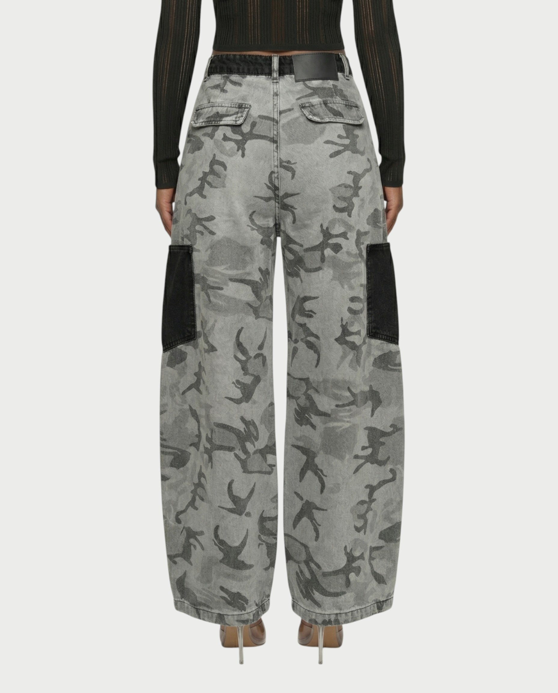 RUBINA Two-Tone Camo Panel Wide-Leg Denim Pants