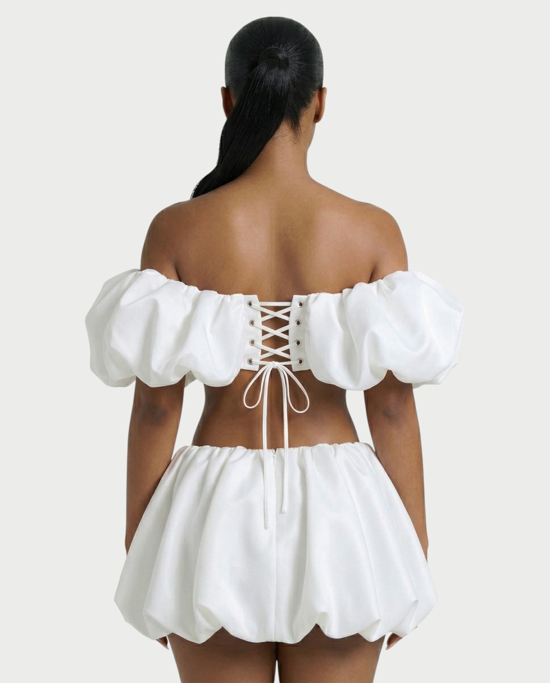POMILE Rosette Off-Shoulder Top & Bubble Mini Skort Set