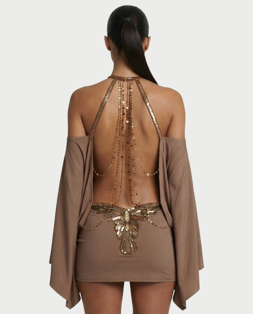 LOWEN Embellished Butterfly Backless Mini Dress