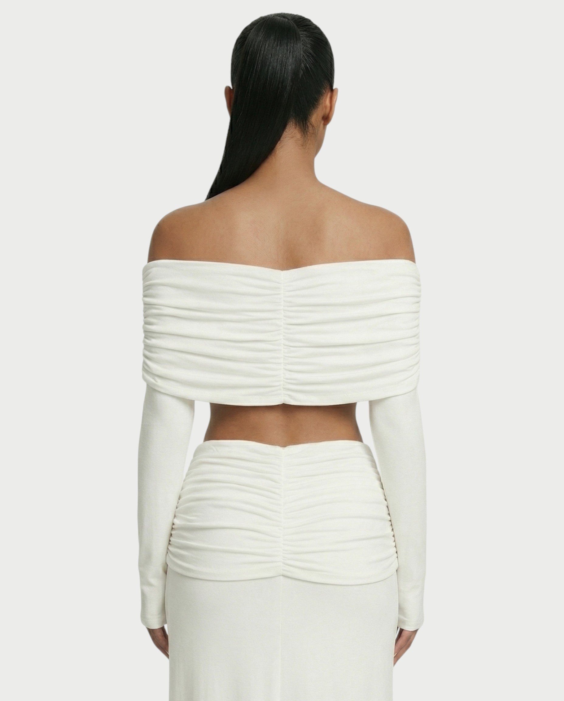 QUENA Off-Shoulder Ruched Crop Top & Maxi Skirt Set