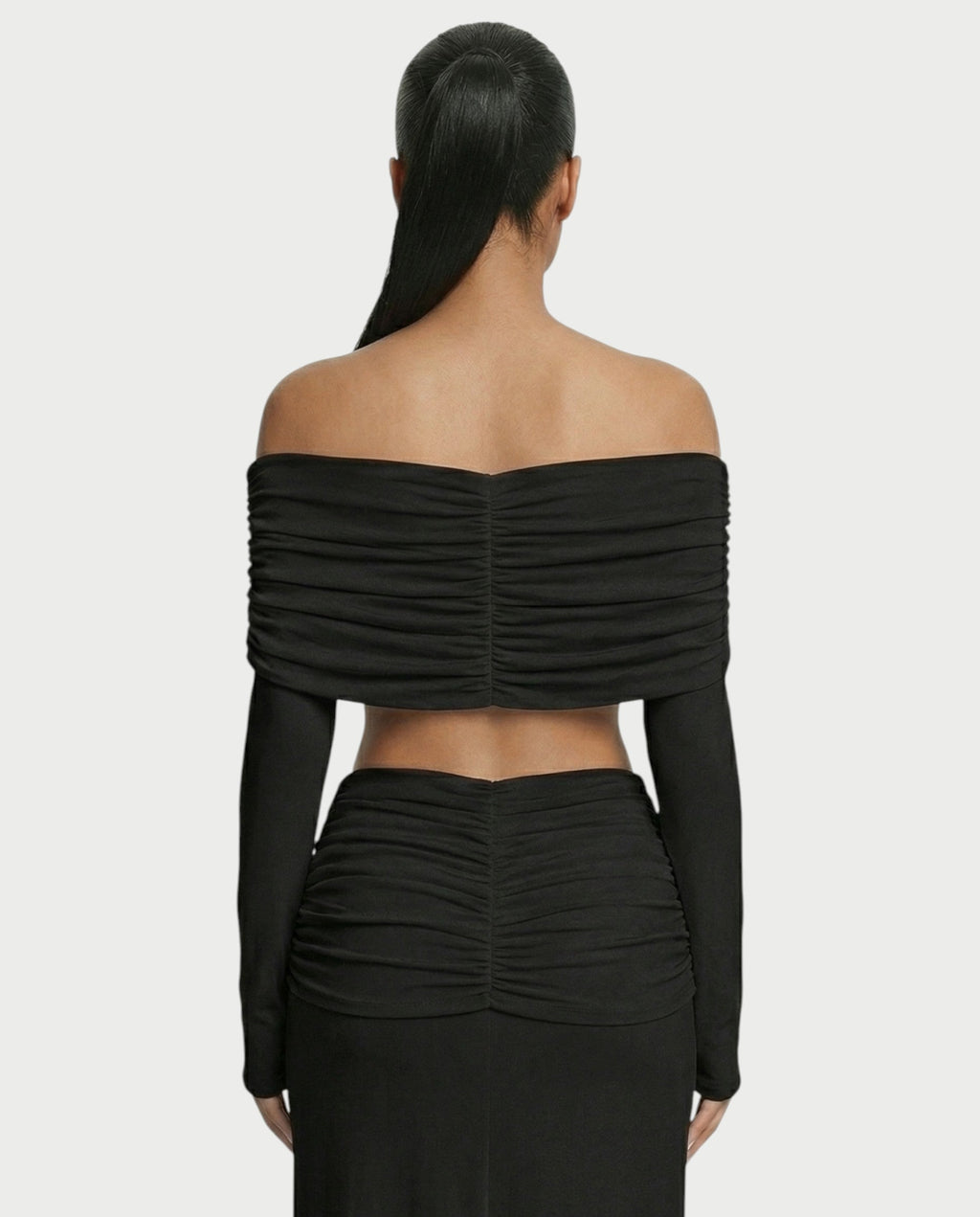 QUENA Off-Shoulder Ruched Crop Top & Maxi Skirt Set