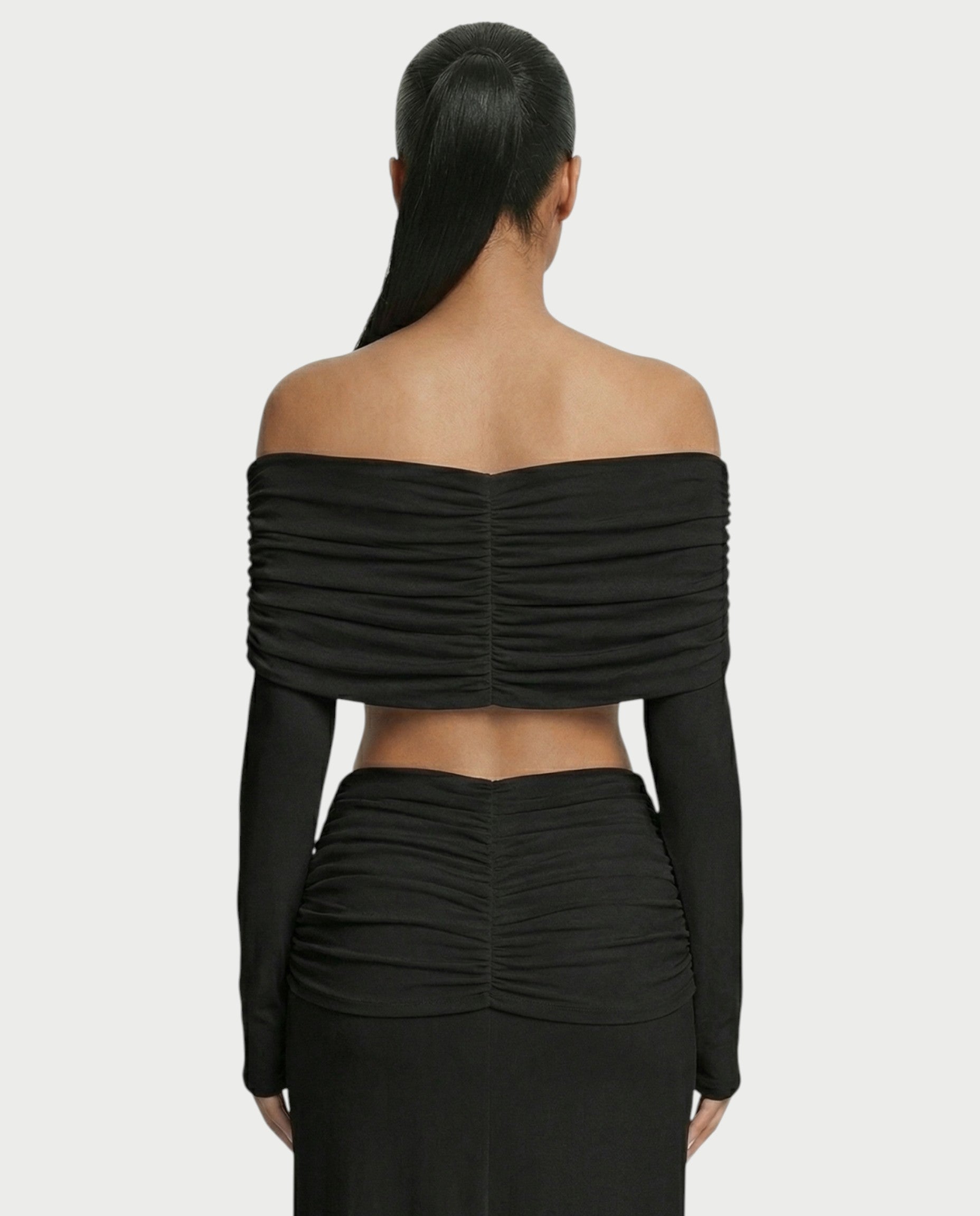 QUENA Off-Shoulder Ruched Crop Top & Maxi Skirt Set