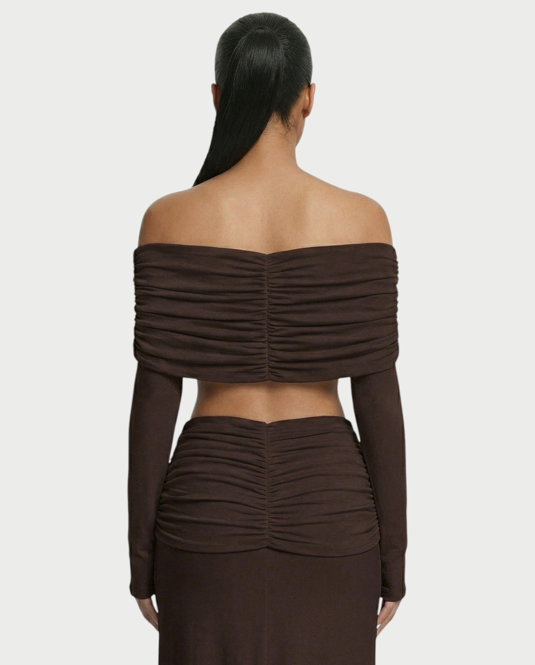QUENA Off-Shoulder Ruched Crop Top & Maxi Skirt Set