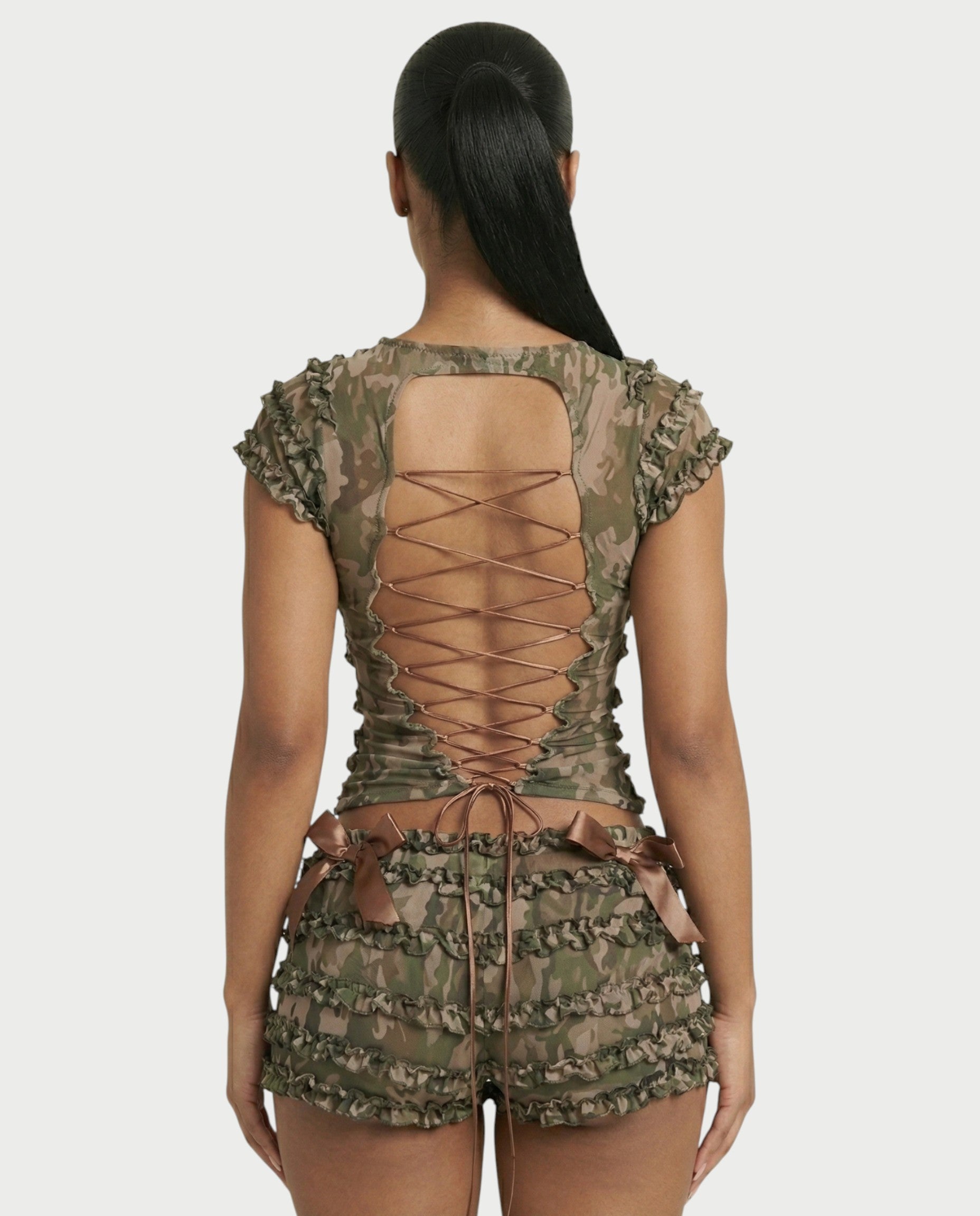 GALENA Ruffle Lace-Up Back Crop Top & Shorts Set