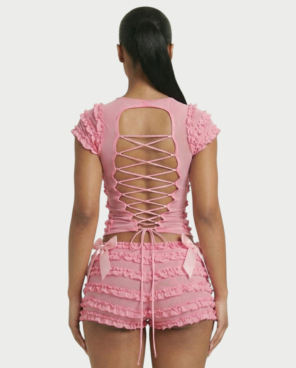 GALENA Ruffle Lace-Up Back Crop Top & Shorts Set
