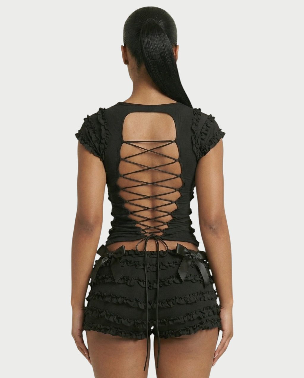 GALENA Ruffle Lace-Up Back Crop Top & Shorts Set