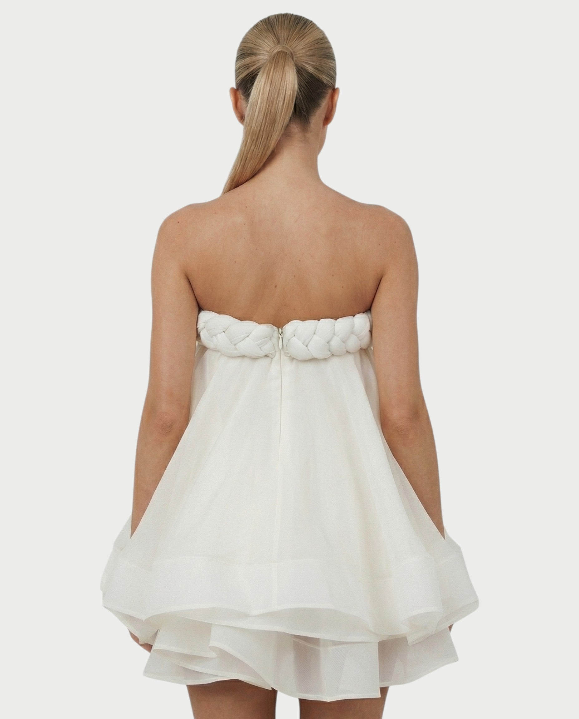 KELSA Strapless Braided Trim Bubble Hem Mini Dress