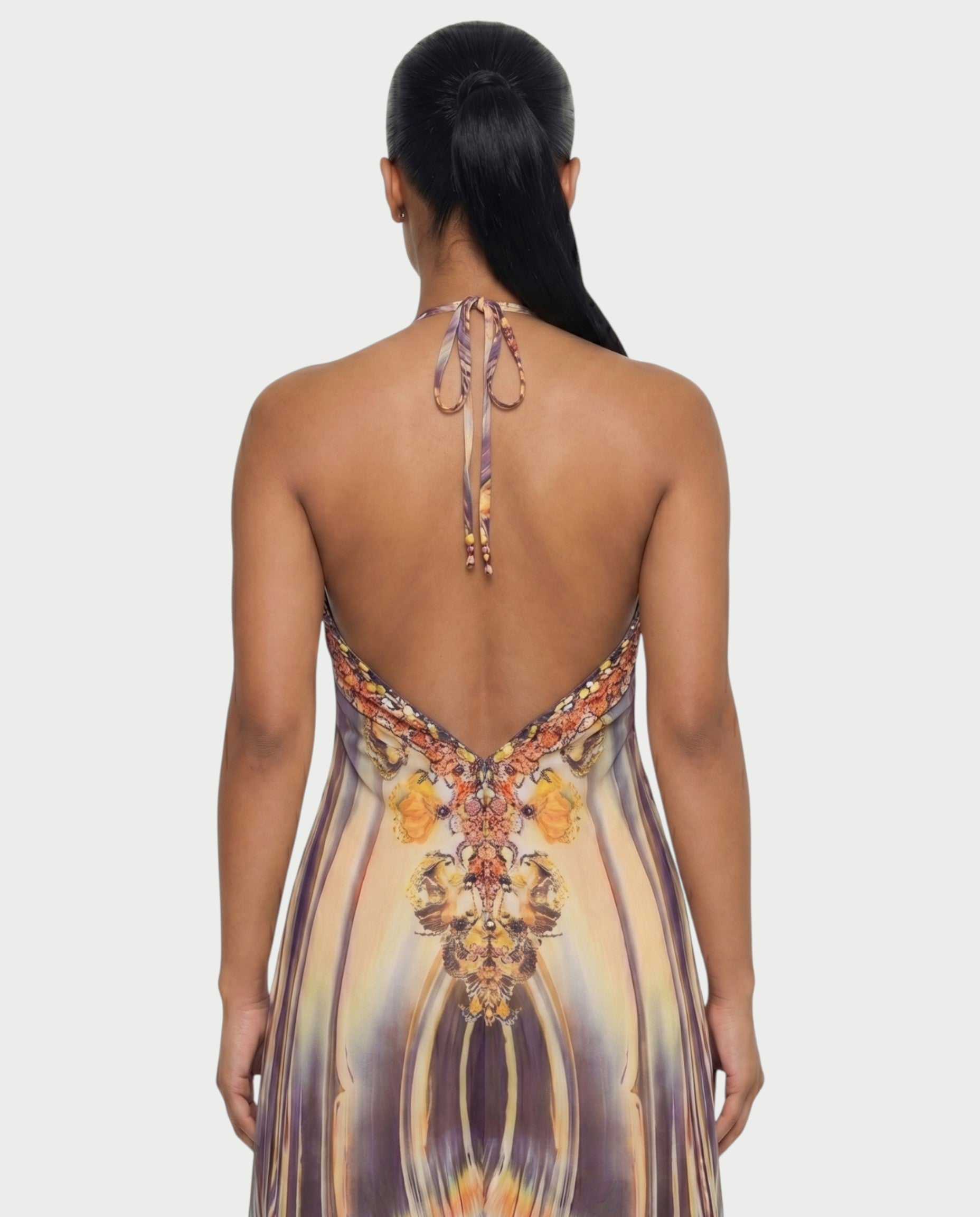 GENDA Feather Ombre Flowing Halter Maxi Dress