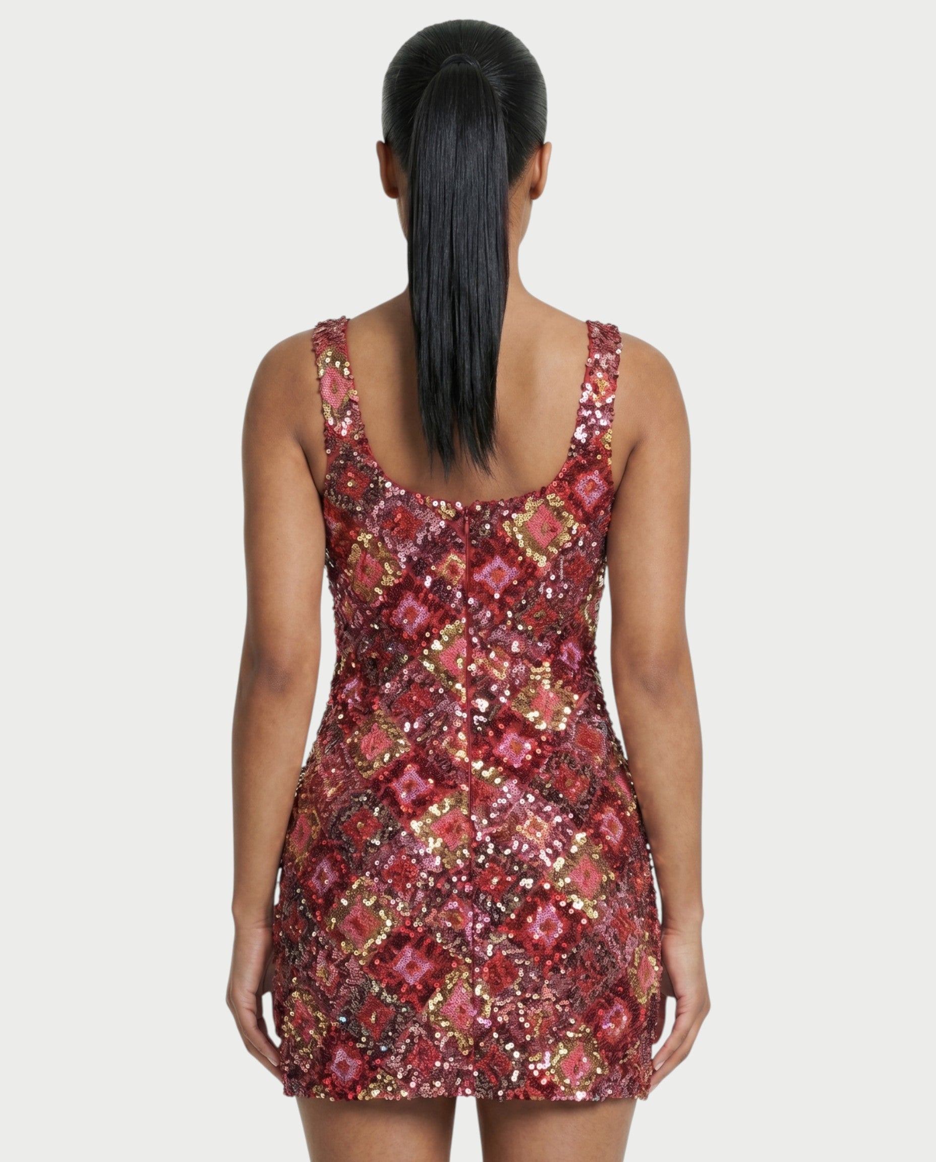 ALFIRA Red Sequin Diamond Bodycon Mini Dress