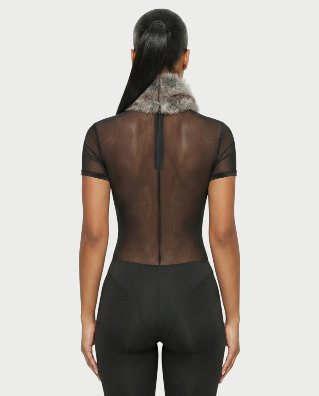 BECCA Sheer Mesh Fur Trim Bodysuit