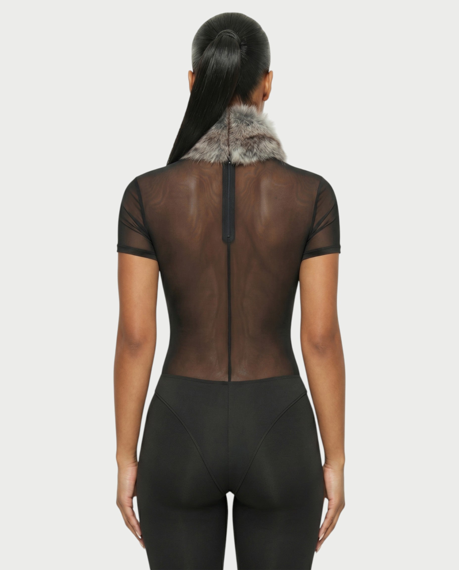 BECCA Sheer Mesh Fur Trim Bodysuit