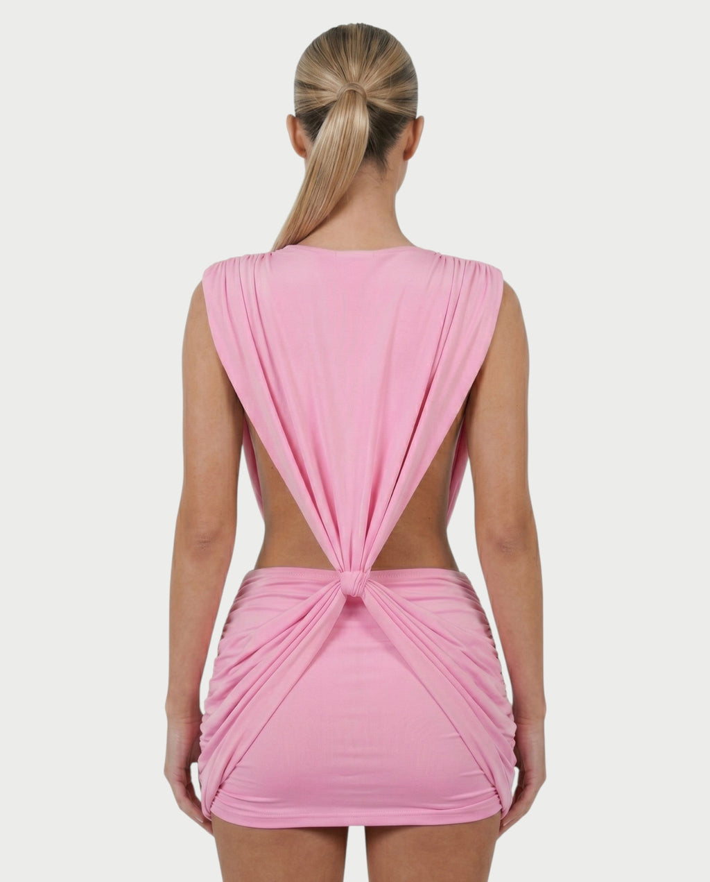 LAZEL Twist-Drape Backless Bodycon Mini Dress