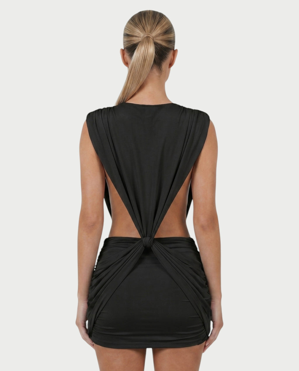 LAZEL Twist-Drape Backless Bodycon Mini Dress