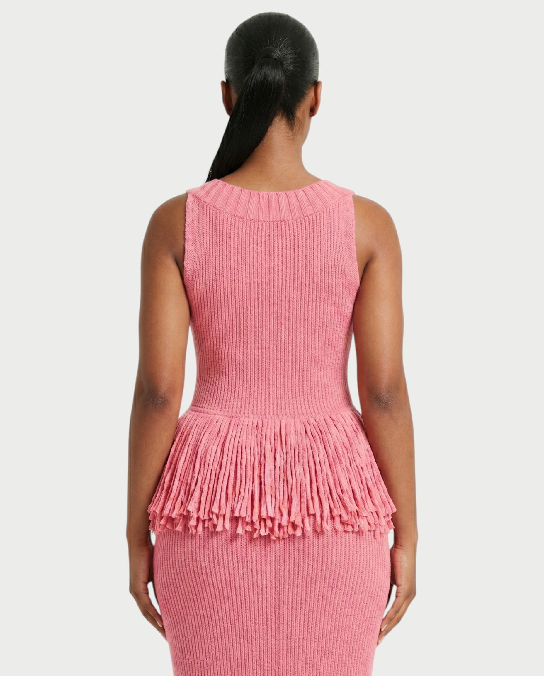 LENYA Ribbed Knit Peplum Fringe Maxi Dress