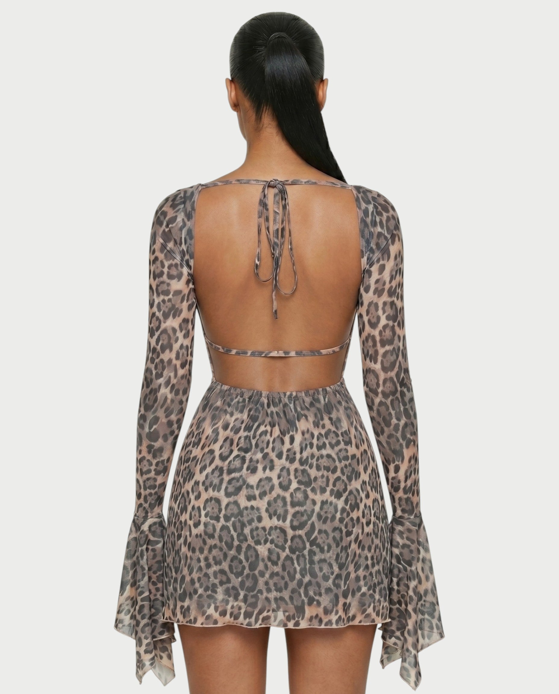 ZEERA Leopard Open Back Ruffle Hem Mini Dress