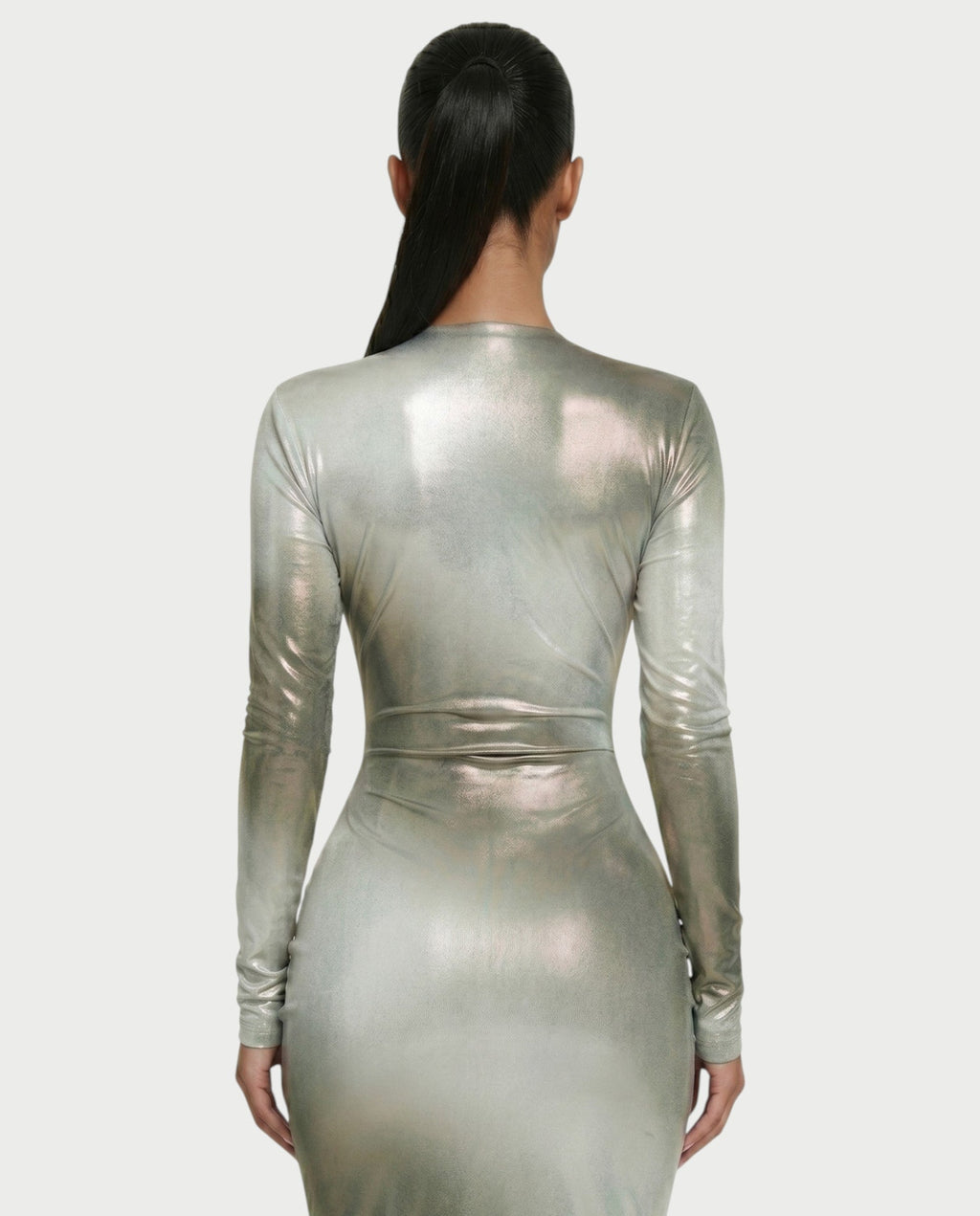 SAMINA Metallic Deep Plunge High Slit Maxi Dress