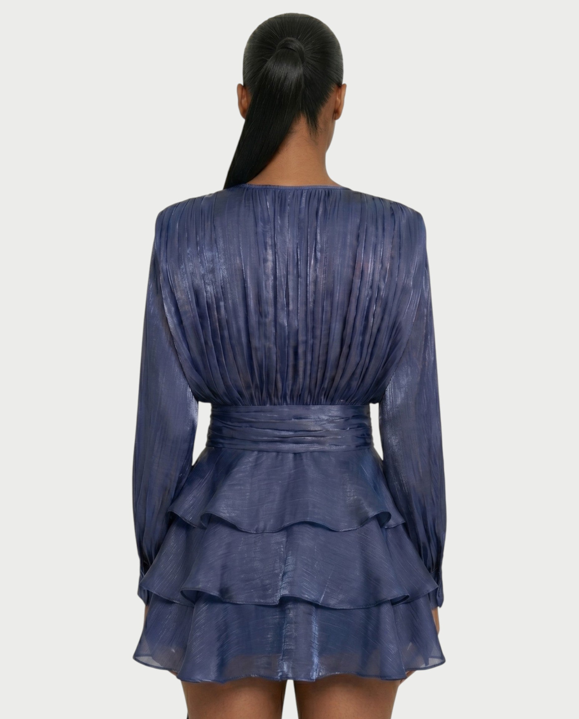 CALIMA Tie-Neck Ruffle Waist Mini Dress