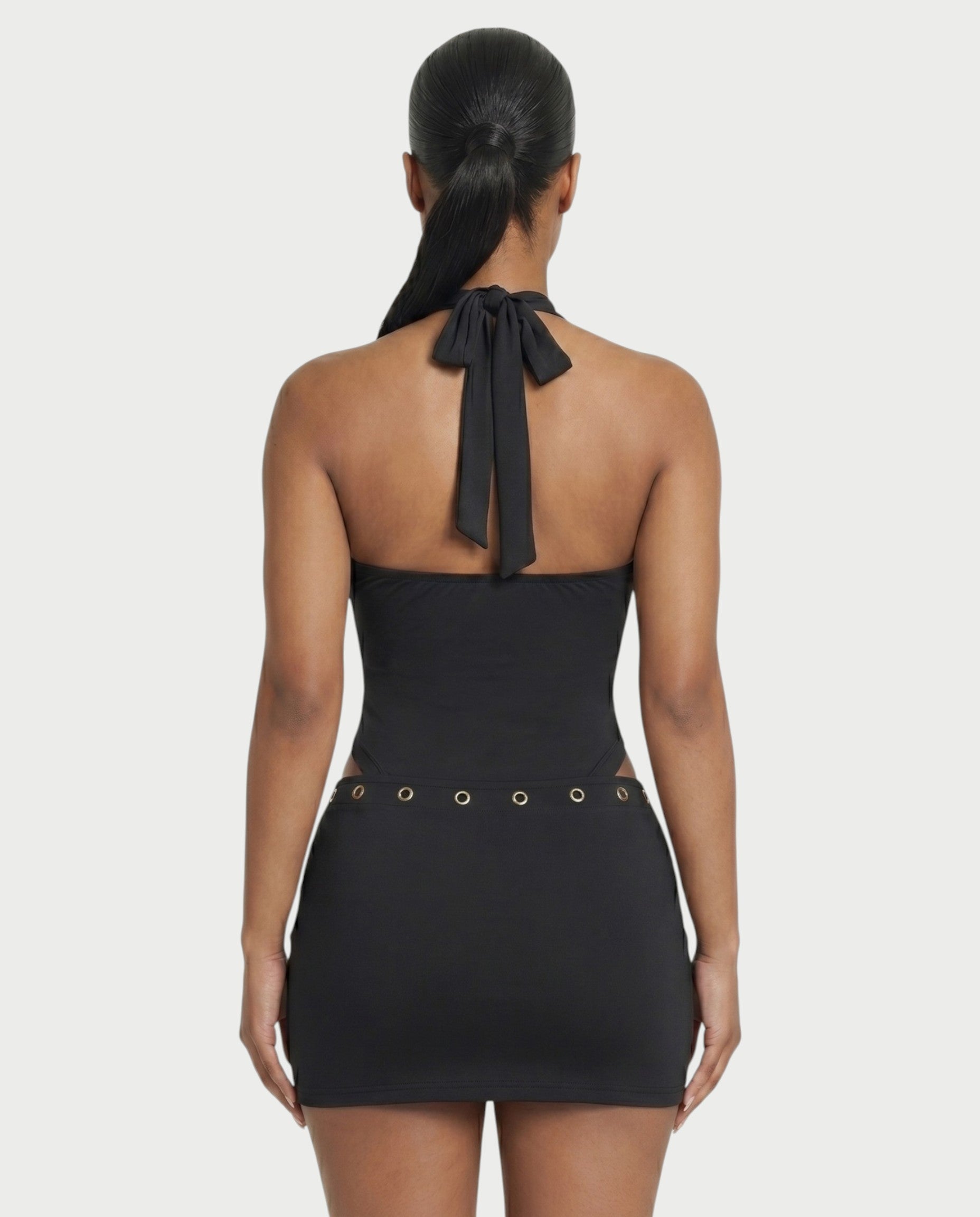 ELARIA Halter Plunge Bodysuit & Mini Skirt Set
