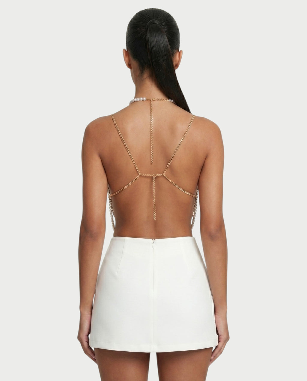 ORENA Pearl Beaded Tassel Chain Bralette Top