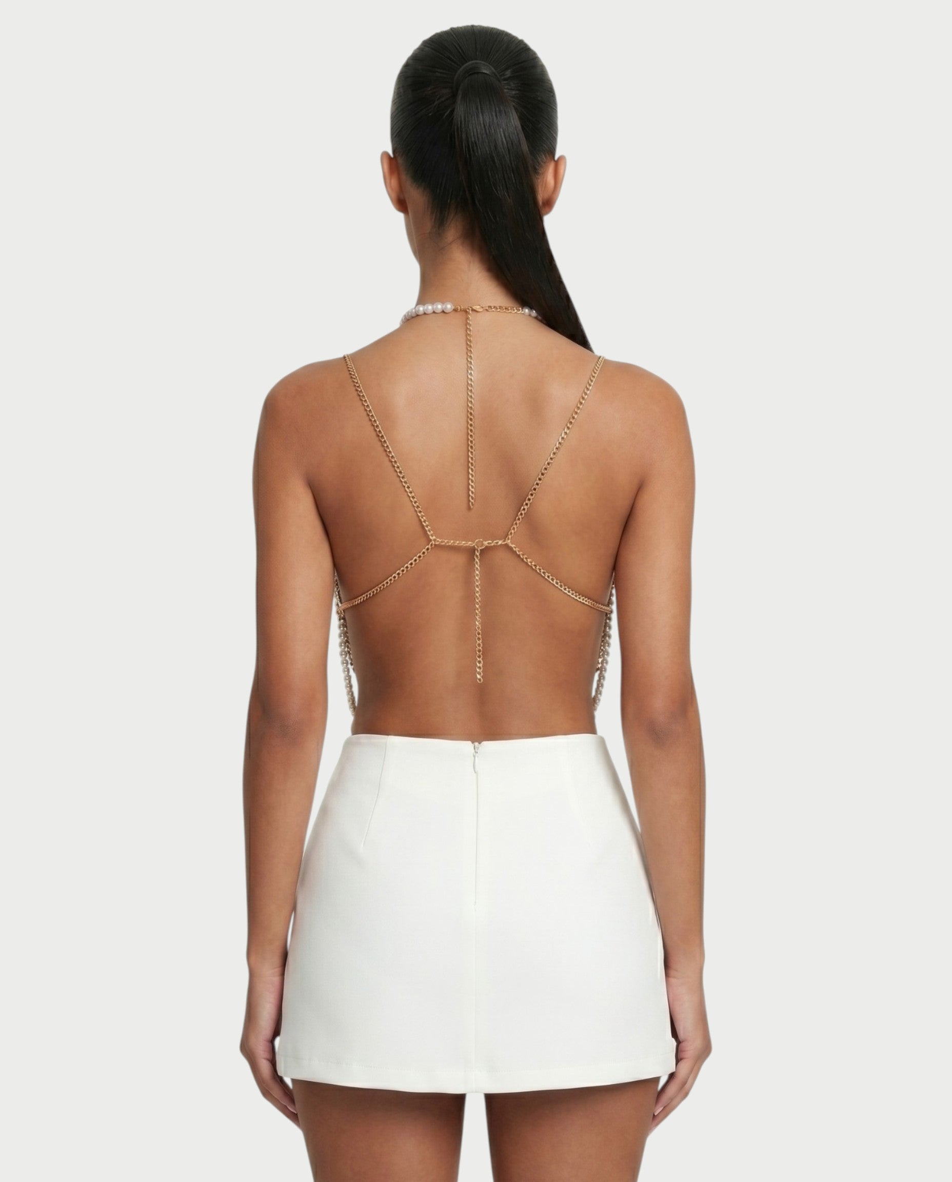 ORENA Pearl Beaded Tassel Chain Bralette Top