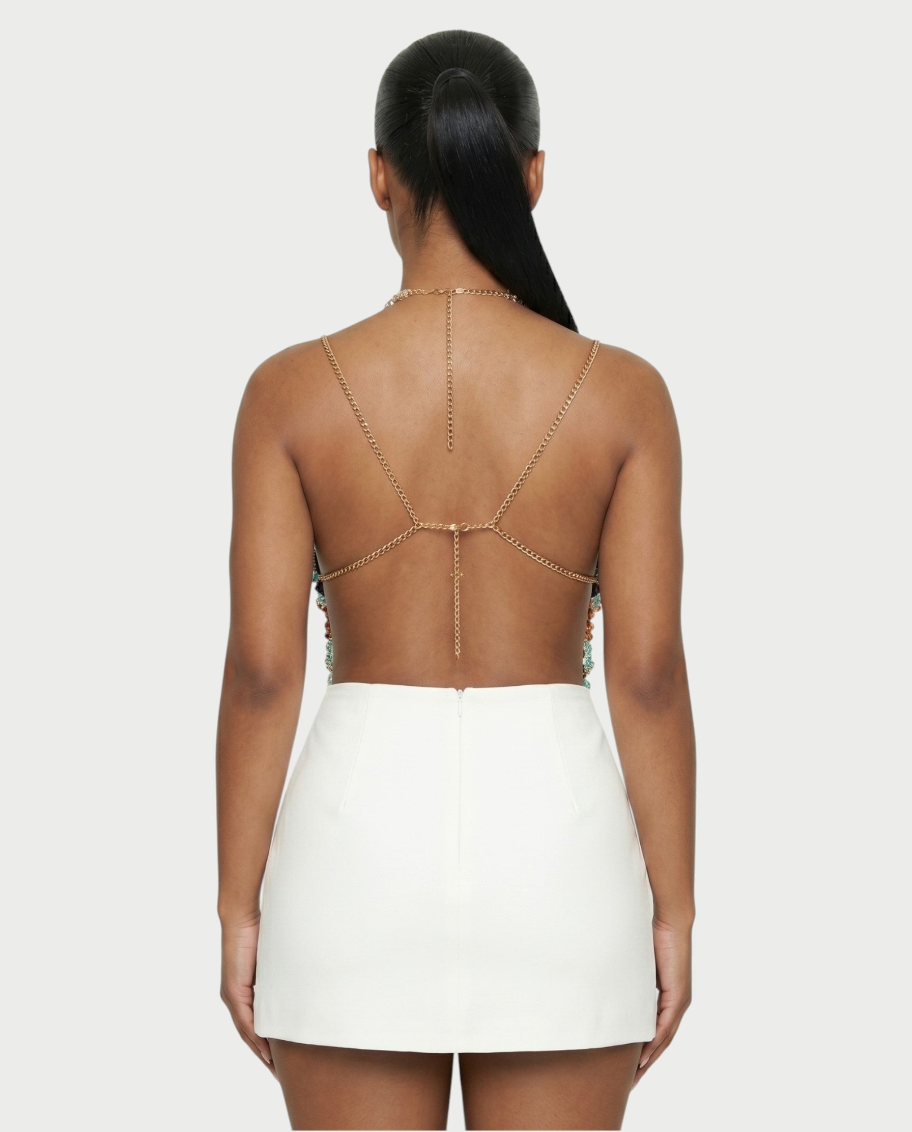 FAVINA Beaded Fringe Chain Strap Bralette Top