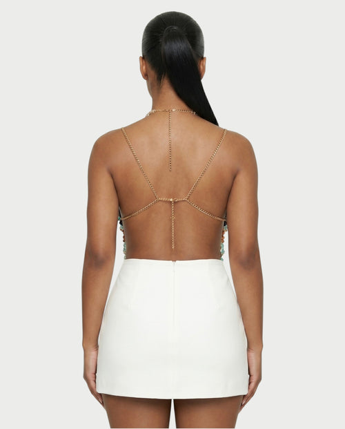 FAVINA Beaded Fringe Chain Strap Bralette Top