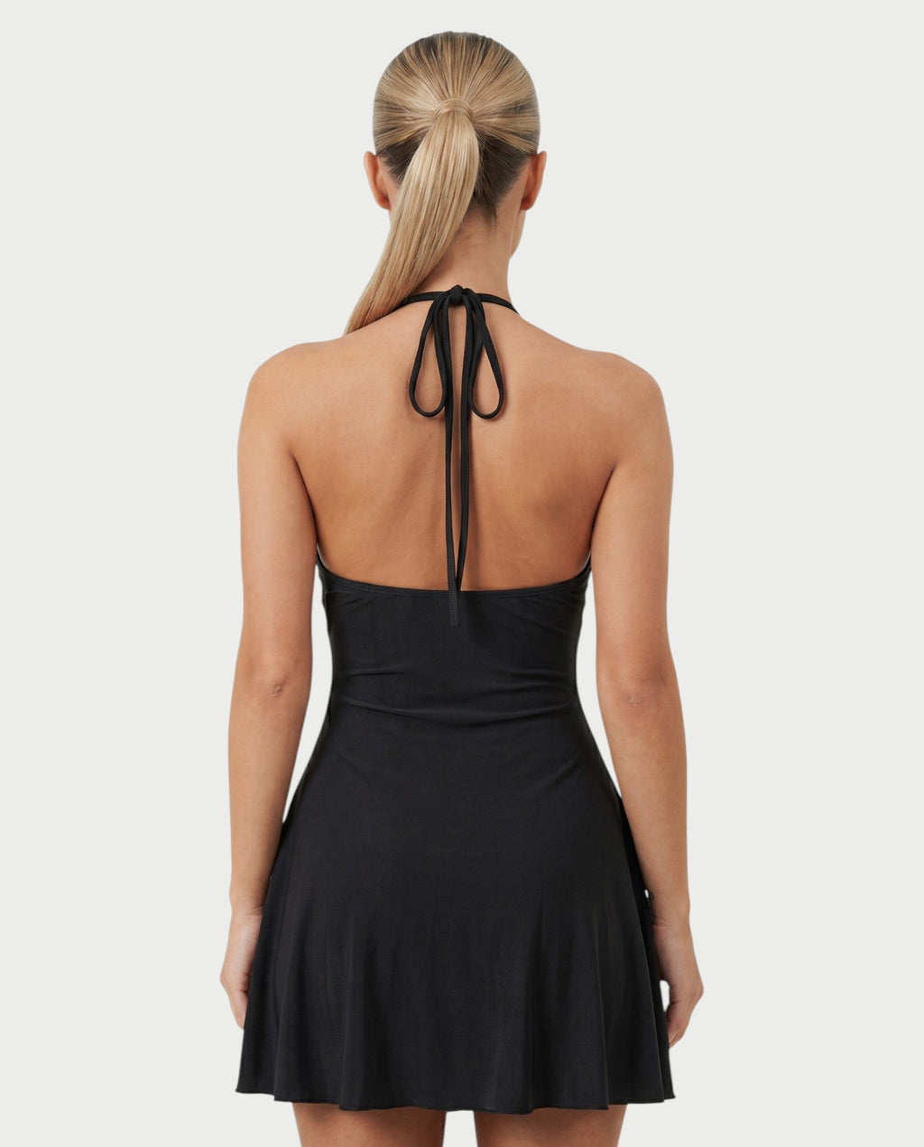 AVIELLE Halter Chain Medallion Drape Mini Dress