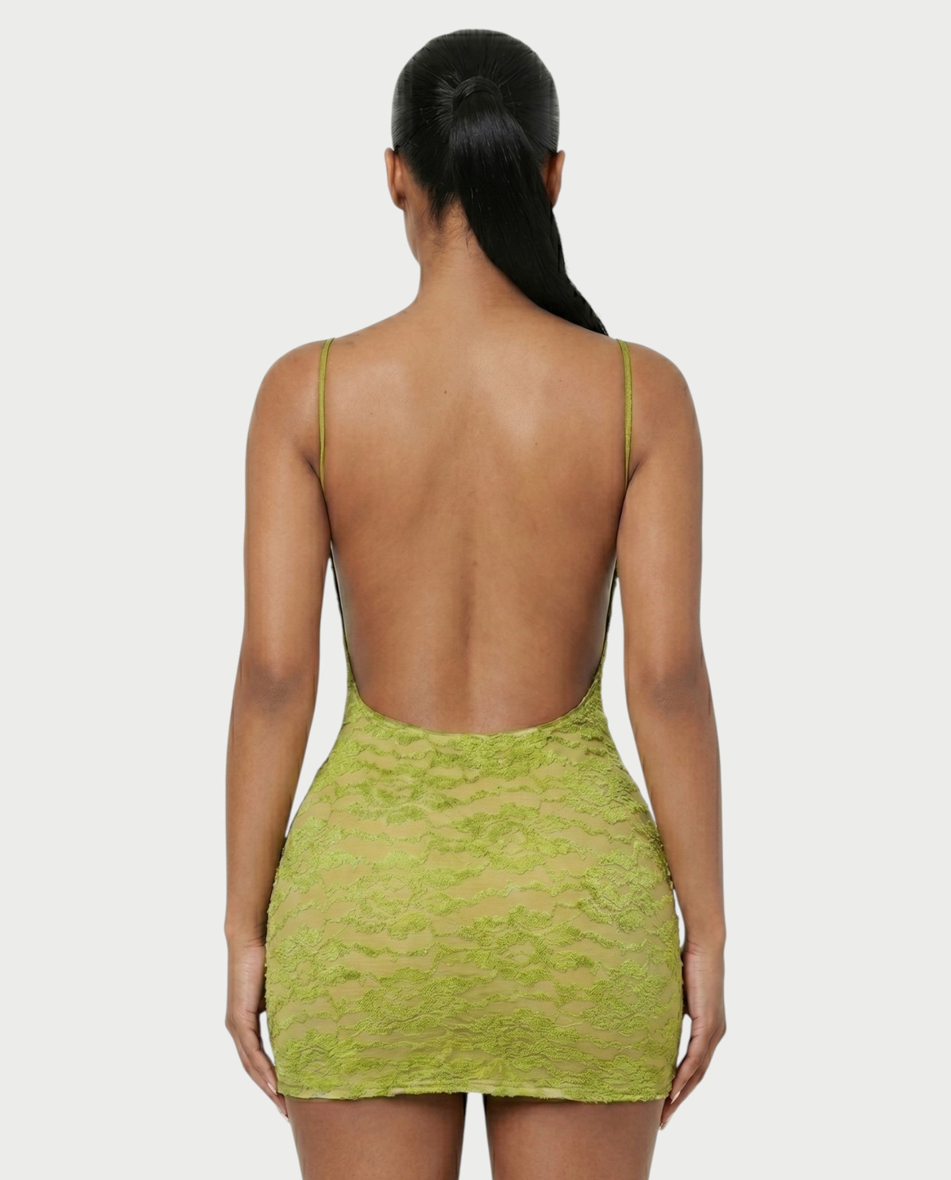 YOLINA Lace Open-Back Bodycon Mini Dress