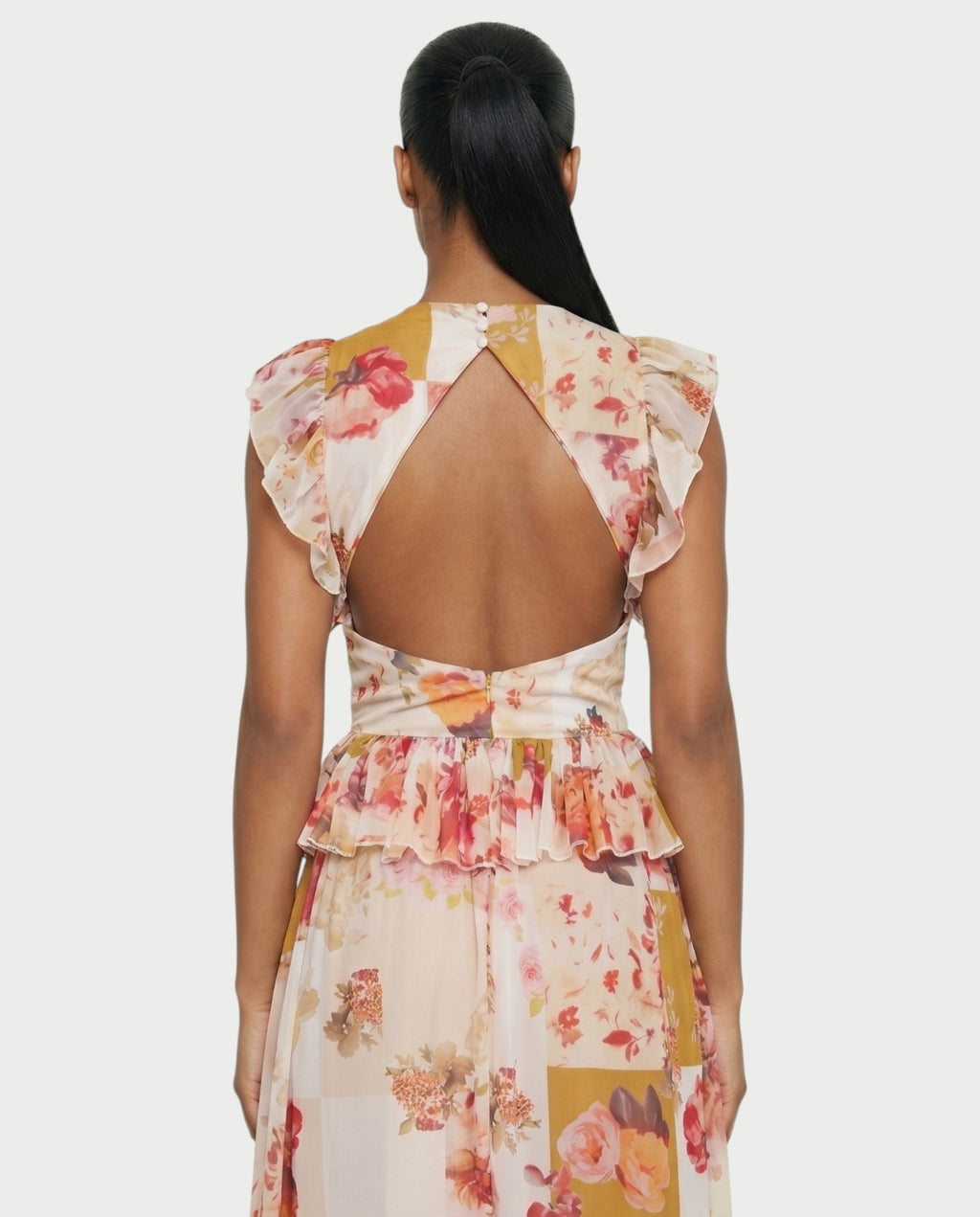 LUVIANA Floral Ruffle Deep V-Neck Flowy Maxi Dress