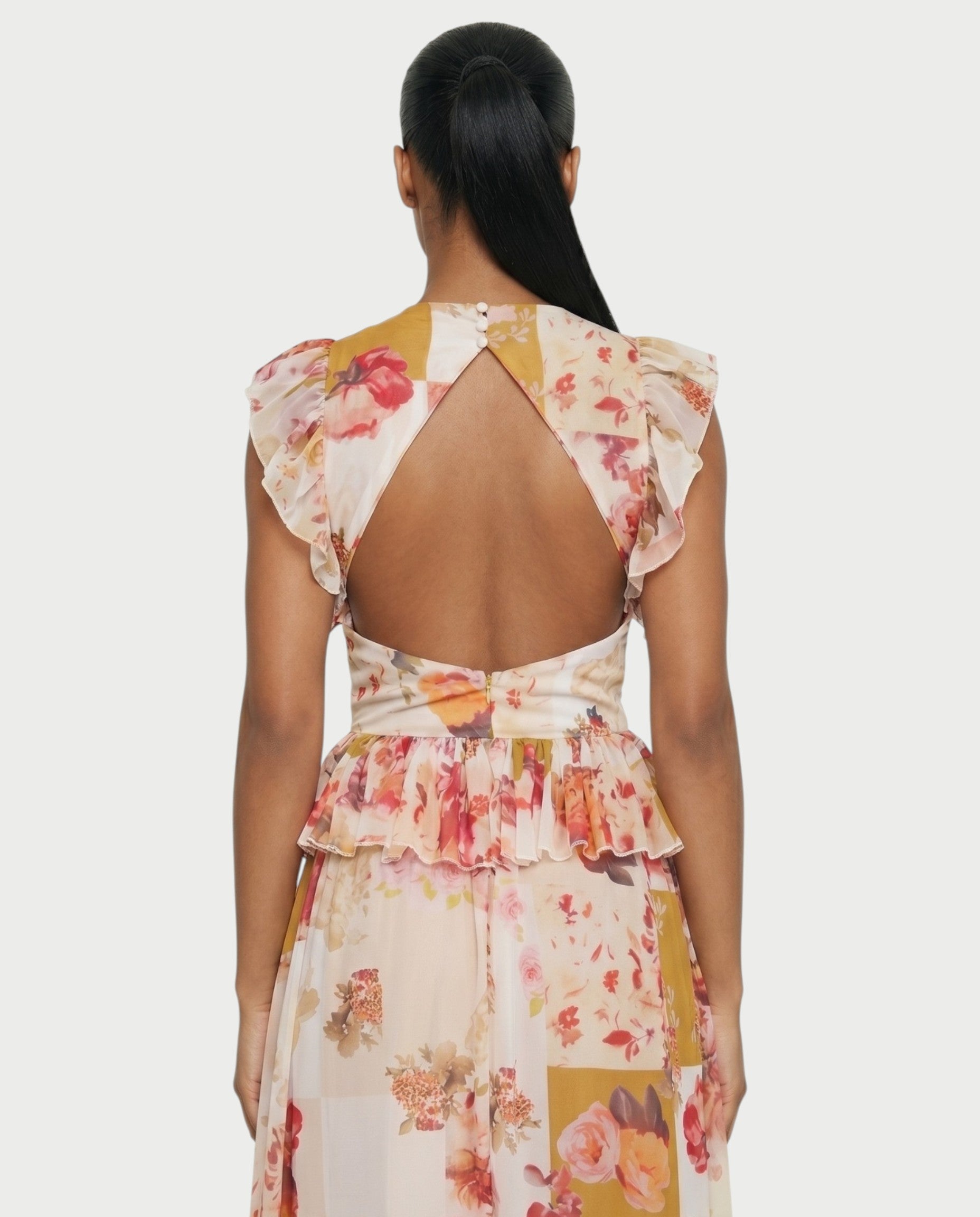 LUVIANA Floral Ruffle Deep V-Neck Flowy Maxi Dress