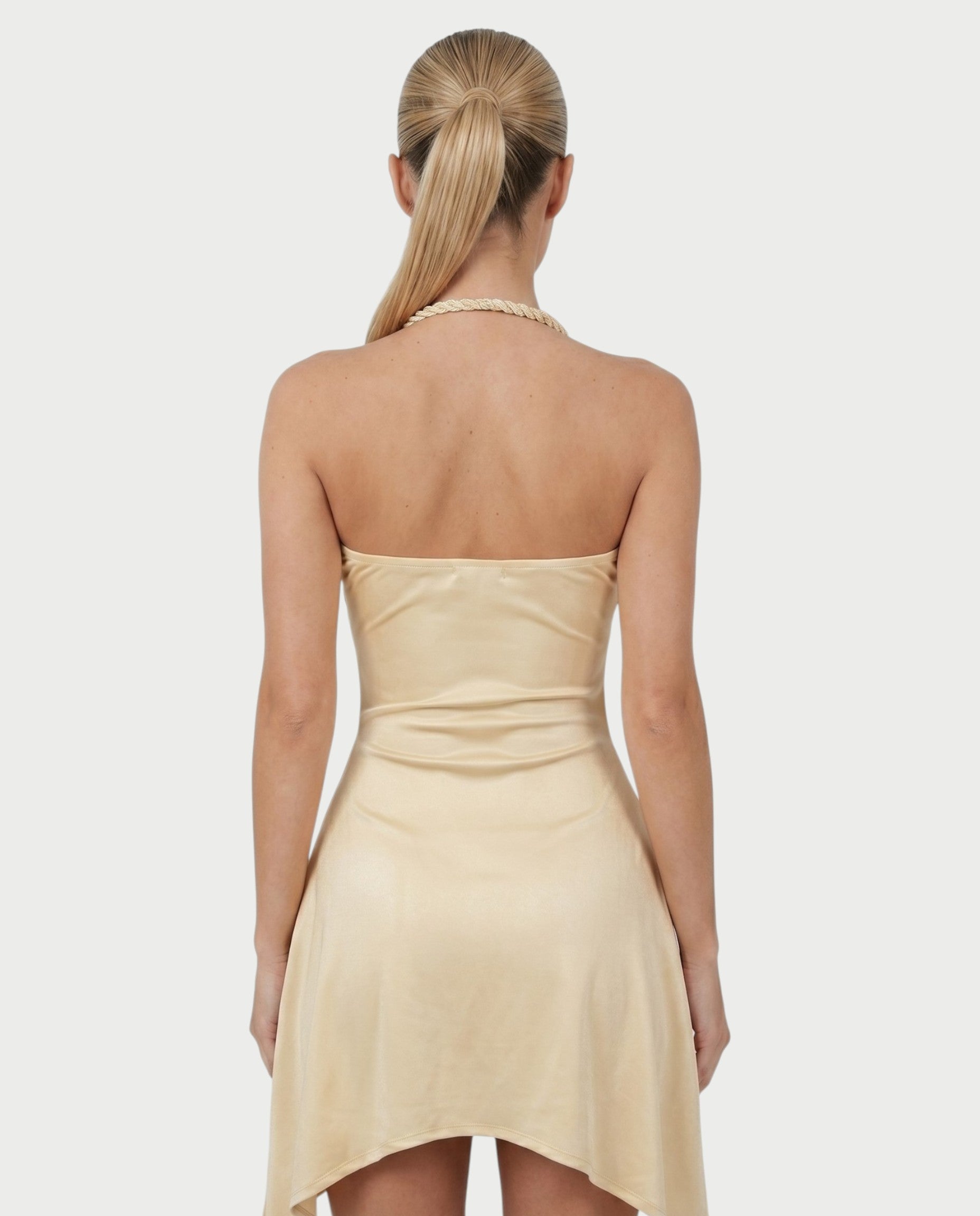 ERLANA Ruched Shell Braided Strap Mini Dress