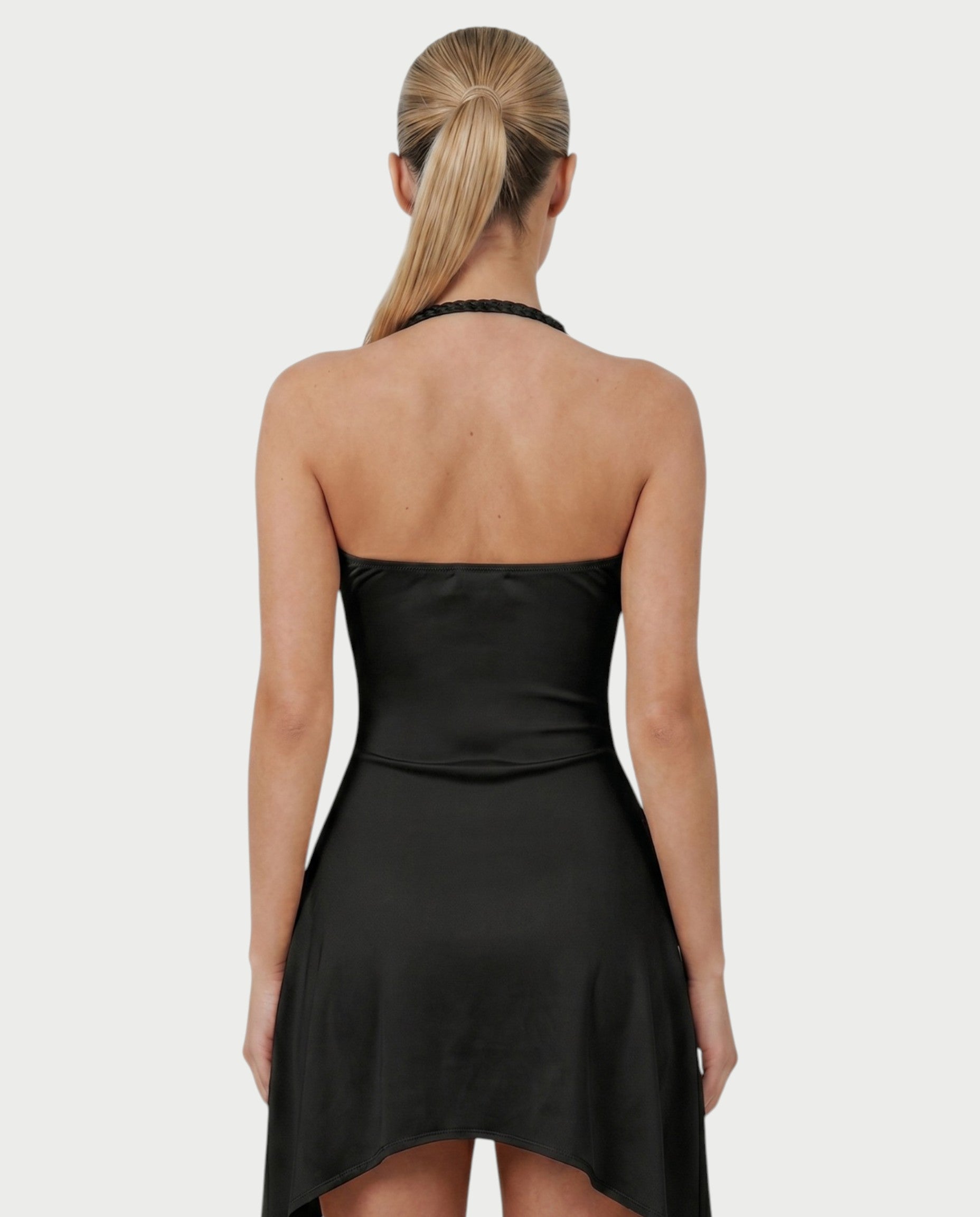 ERLANA Ruched Shell Braided Strap Mini Dress