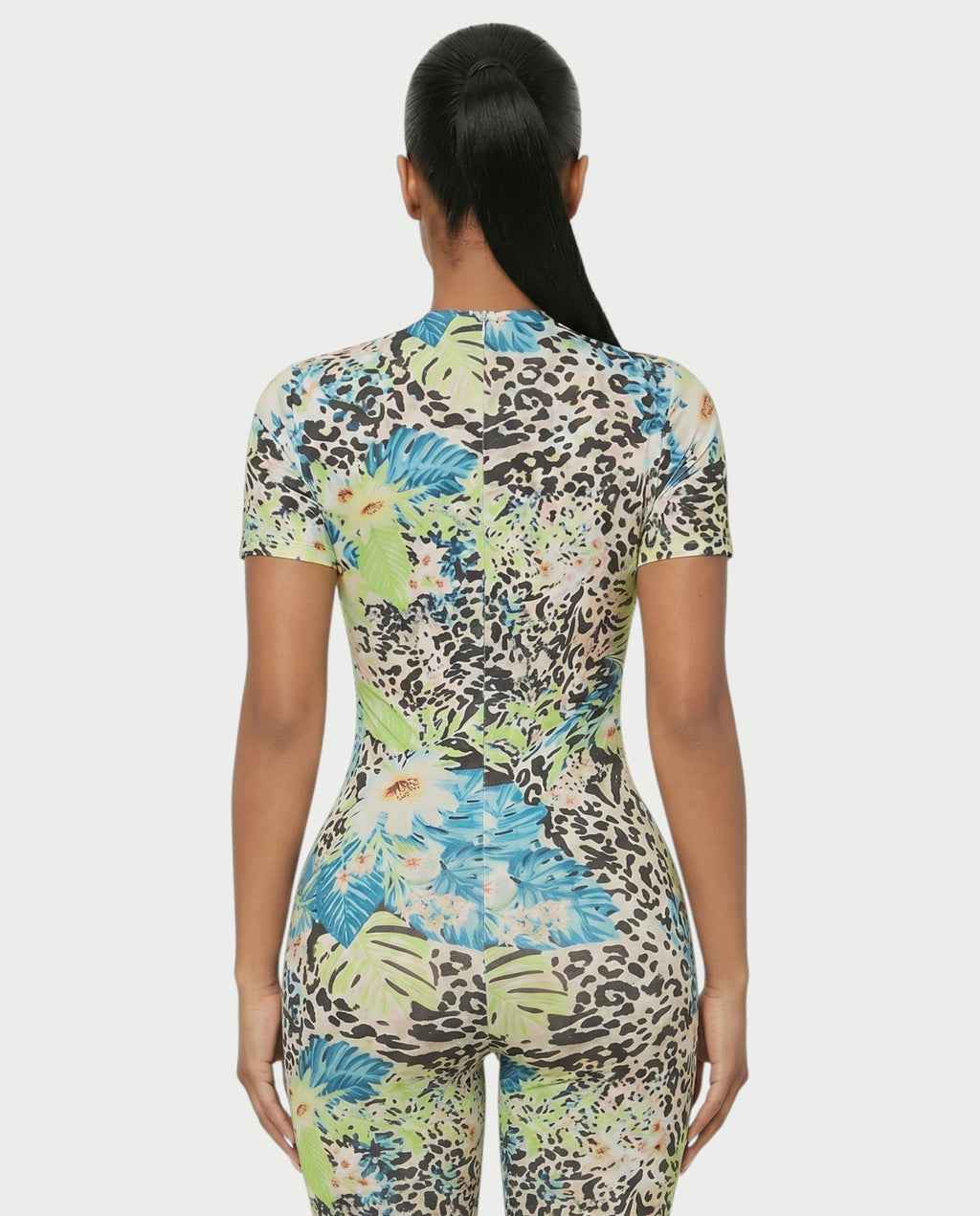 YSSA Tropical Print Short Sleeve Bodycon Jumpsuit