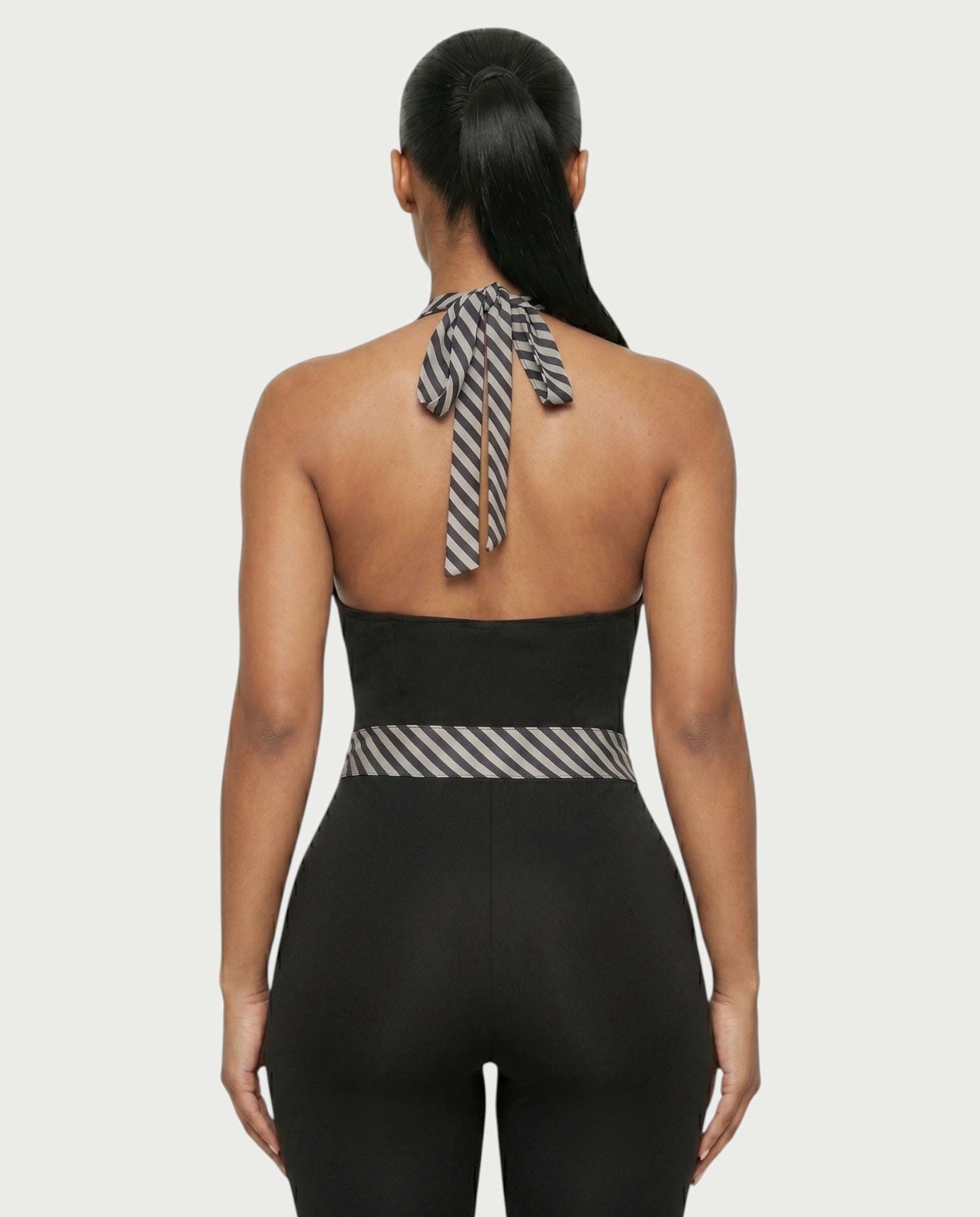ZIAH Monochrome Striped Halter Neck Tie-Waist Capri Romper