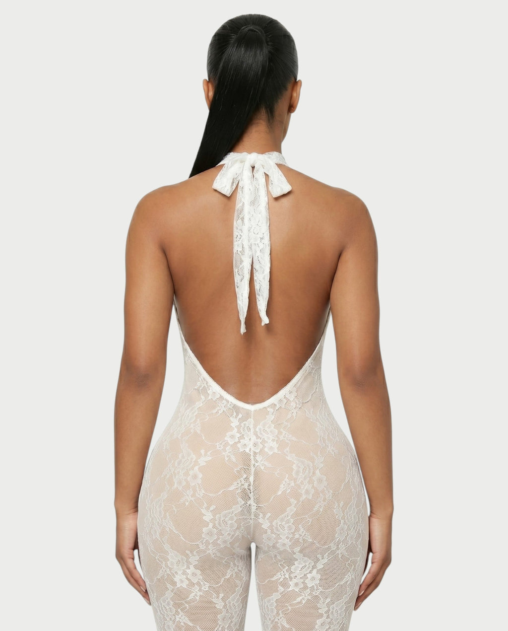QIRELLA Sheer Lace Backless Bodycon Jumpsuit