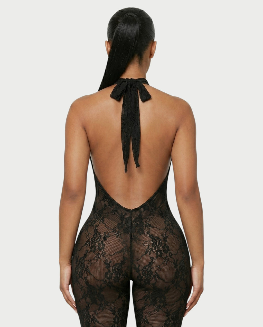 QIRELLA Sheer Lace Backless Bodycon Jumpsuit